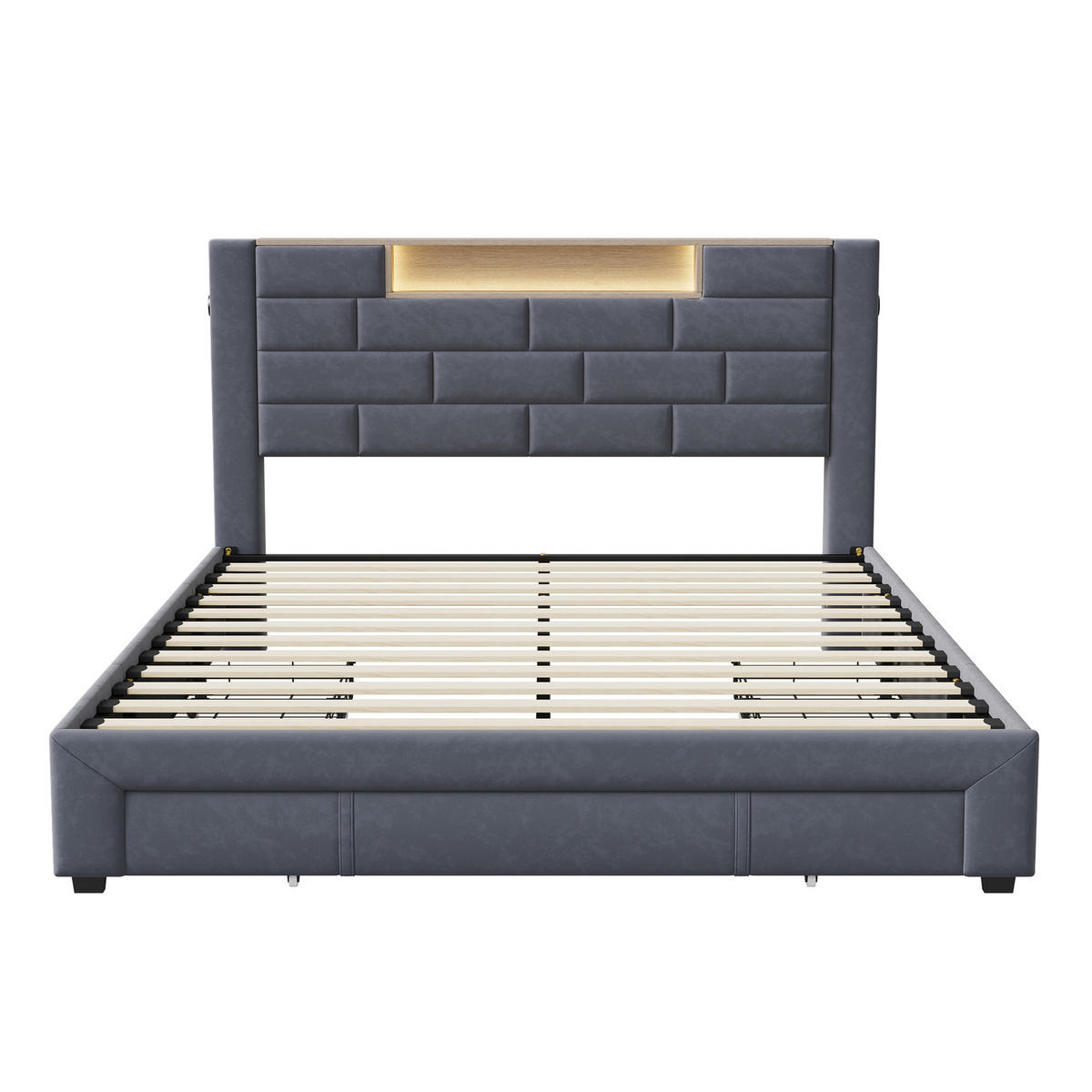 POLSTERBETT 140x200 cm LED USB 3 Schubladen Stauraum Samt grau - Grau, Holz (140/200cm) - LEBENLANG