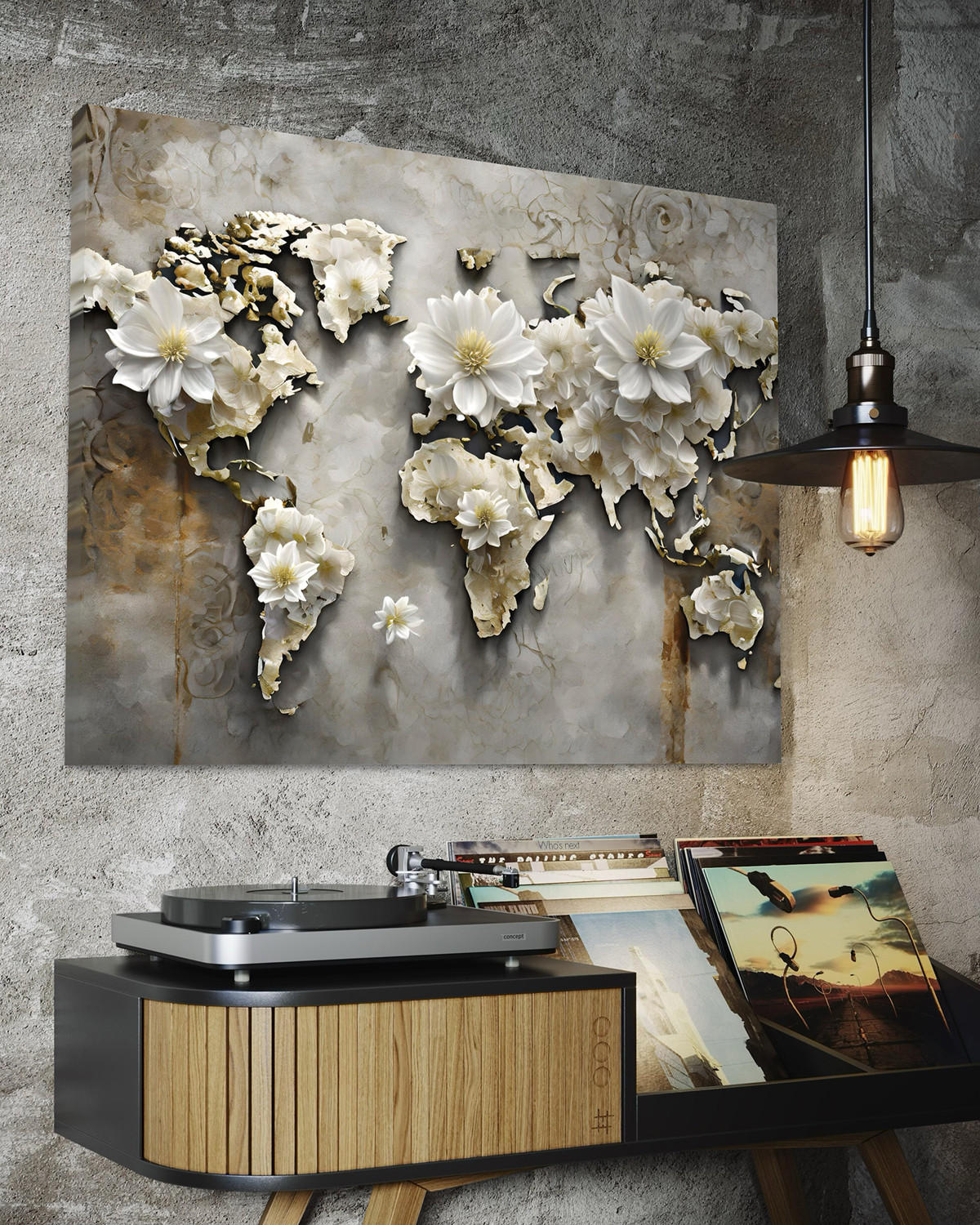 WANDBILD blumen weltkarte - Weiß, Textil (60/40cm) - Feeby