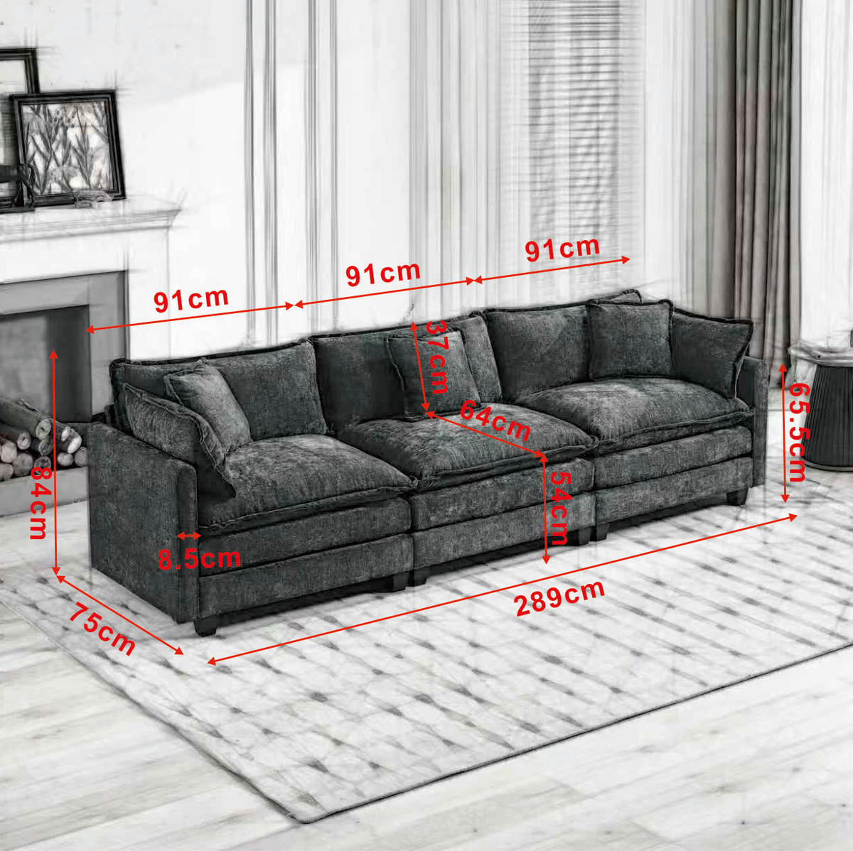 SOFA modular 3-Sitzer Chenille Schwarz - Schwarz, Holz (75/84/289cm) - Meubliv