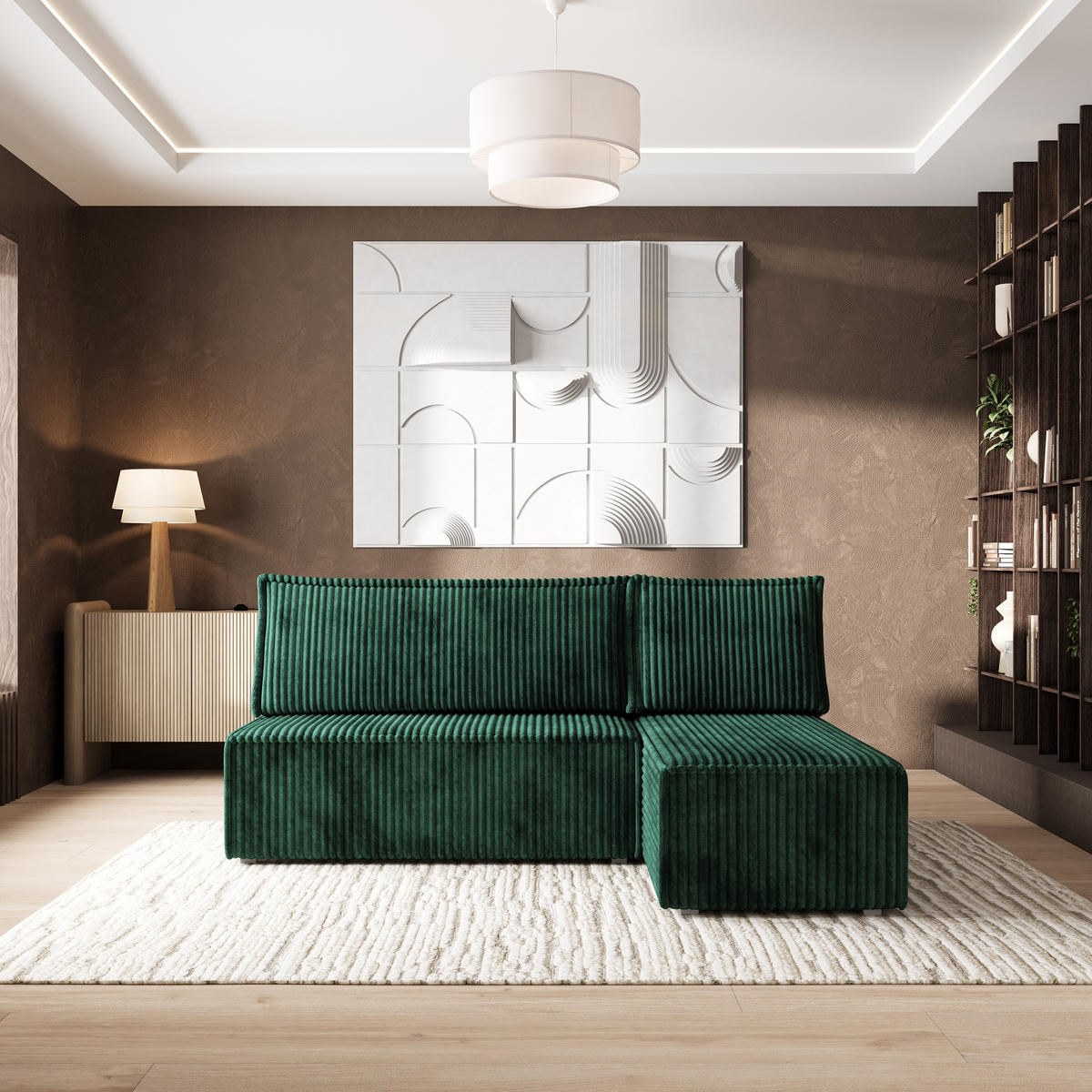 ROHOVÁ SEDAČKA BRISO tmavě zelená - šedá/tmavě zelená, dřevo/textil (200/140cm) - MASSENO