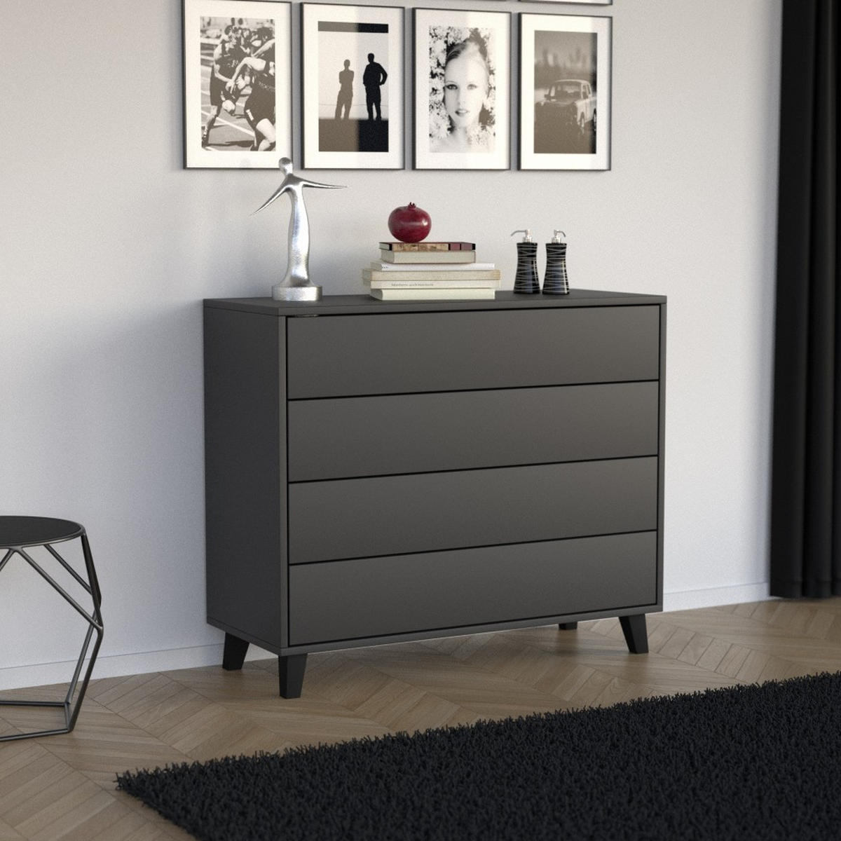 KOMMODE Home mit 4 Schubladen, 100 cm, ohne Griffe, Schwarz - Schwarz, Holzwerkstoff (80/85/40cm) - Beautysofa