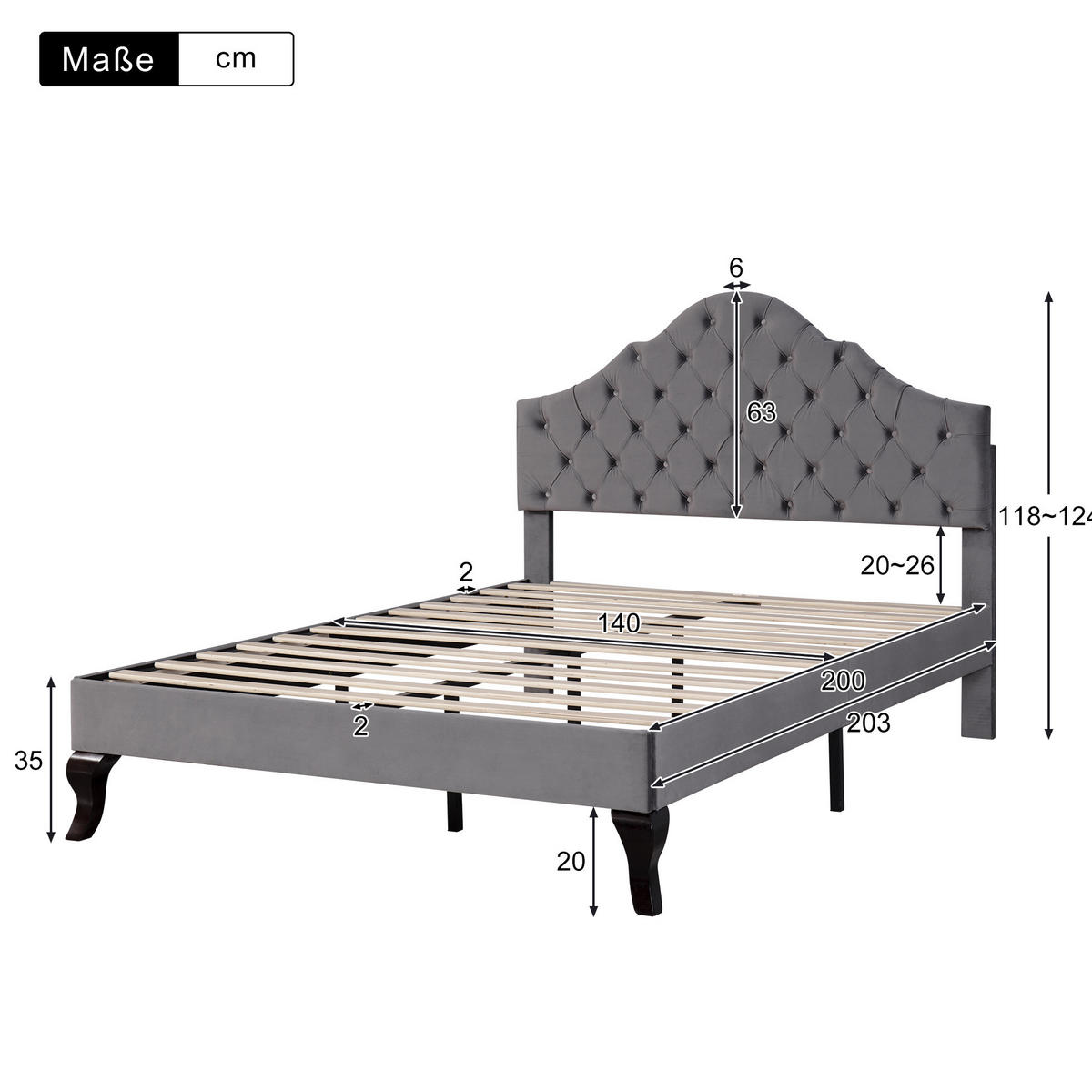 POLSTERBETT 140/200 cm mit Lattenrost und gepolstertem Kopfteil aus Samt, Grau - Grau, Textil (140/200cm) - Redom