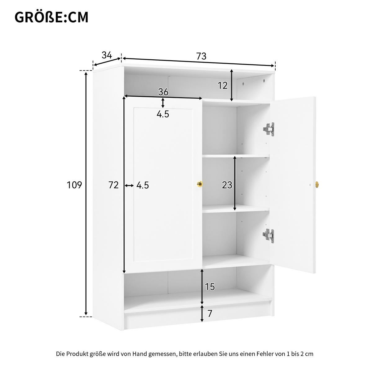 SCHUHSCHRANK 73/34/109 cm in Weiß mit 2 Türen und höhenverstellbaren Böden - Weiß, Holzwerkstoff (73/109/34cm) - BEAOK