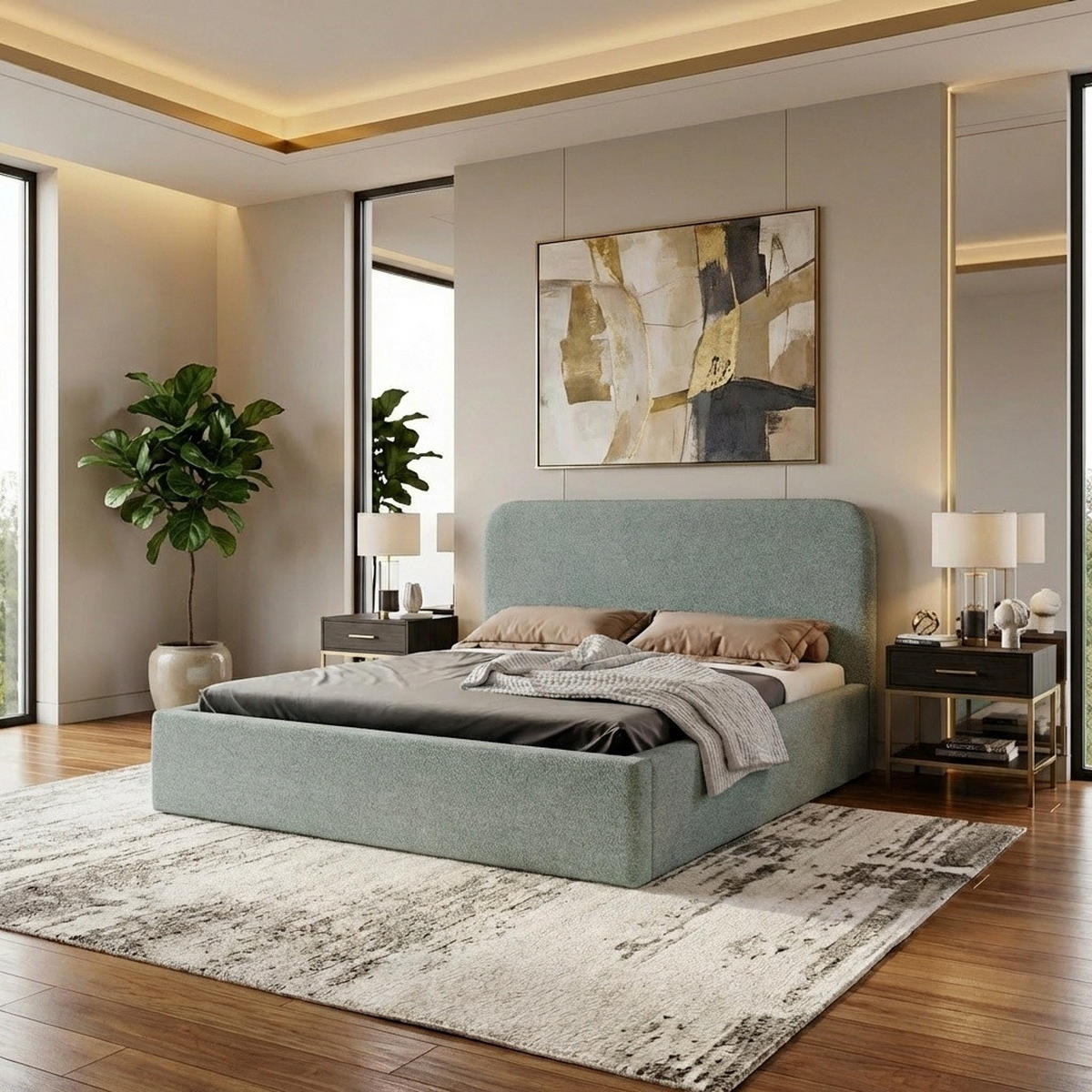 POLSTERBETT LAVINO 180x200 mit Bettkasten & Metallgestell – Bouclé Stoff MONTE Mintgrün - Mintgrün, Textil (180/200cm) - Luxkor24