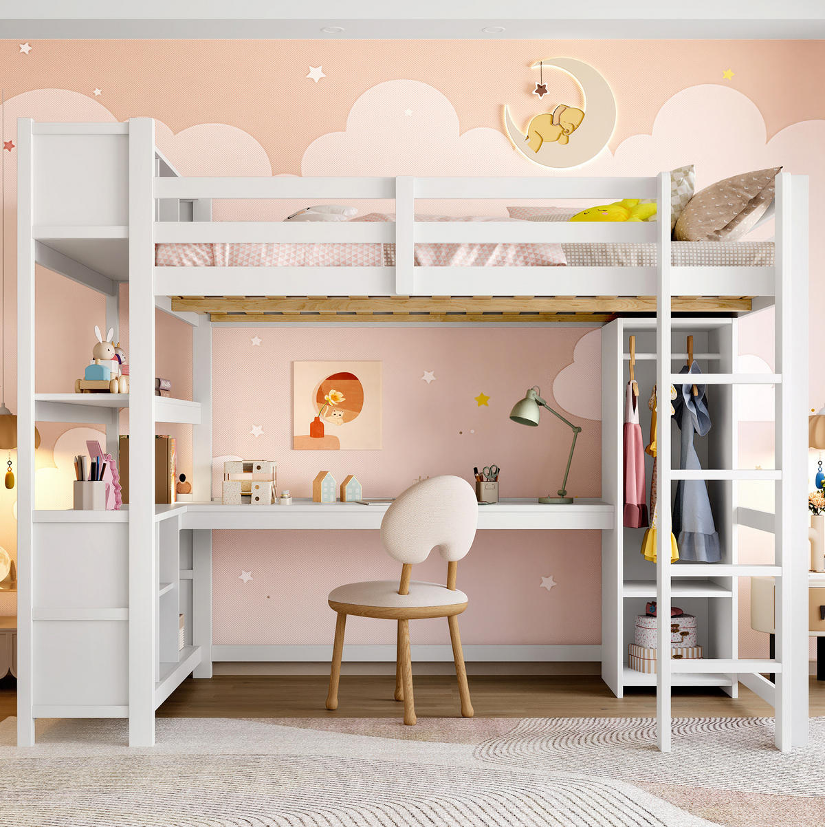 HOCHBETT 140/200 cm in Weiß mit Schreibtisch und Kleiderschrank - Weiß, Holz (140/200cm) - Flora Grace