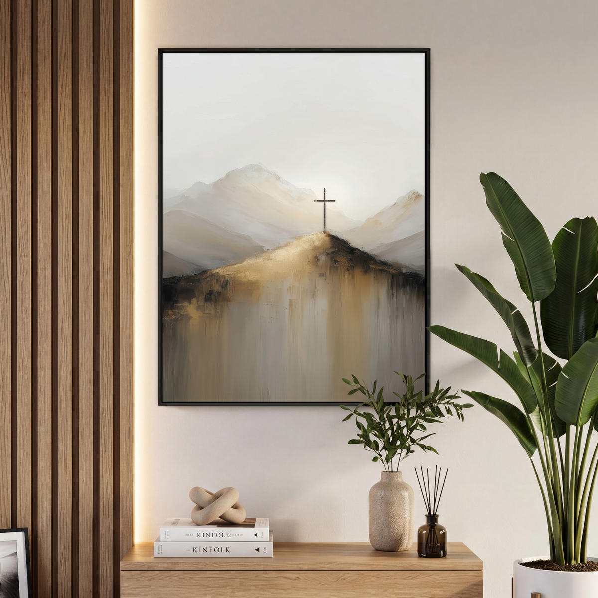 LEINWAND Bilder mit Rahmen - Hügel - Abstrakt - Kreuz - Christentum - 70x100 - Beige, Textil (70/100cm) - MuchoWow