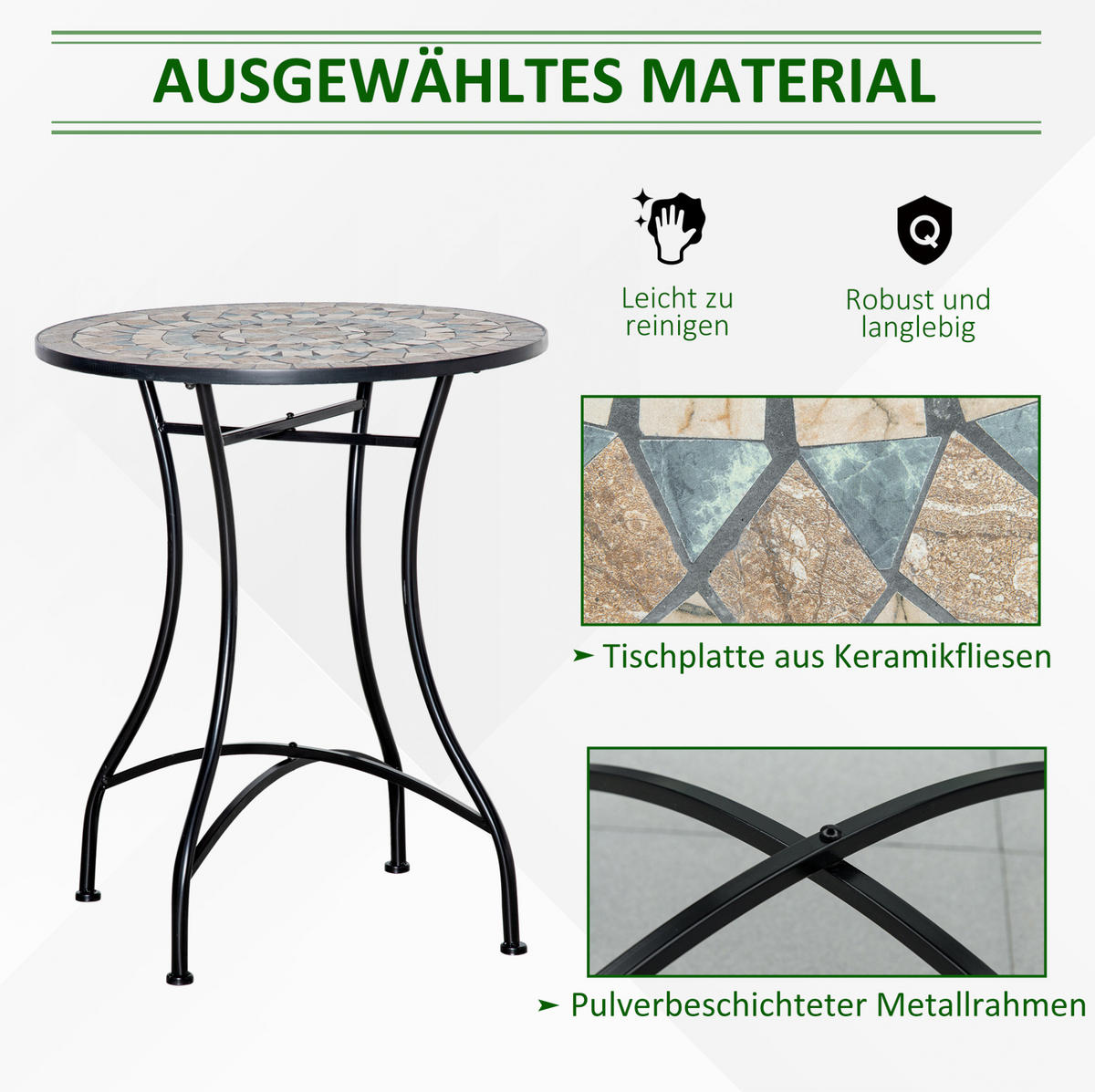 GARTENTISCH 60/60/71 cm beige-schwarz aus Keramik mit Mosaikplatte - Naturfarben, Keramik (60/60/71cm) - OKWISH