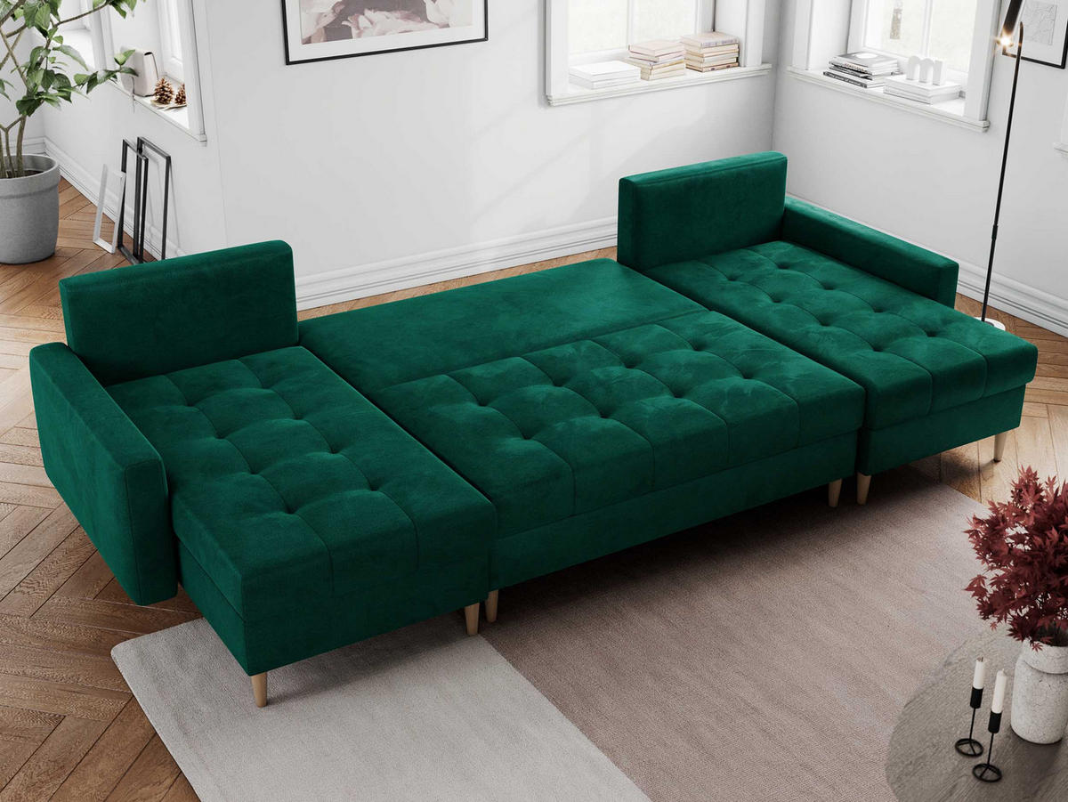 WOHNLANDSCHAFT Colin U Velvet Dunkelgrün - Dunkelgrün/Braun, Holz/Textil (290/75/140cm) - MKS