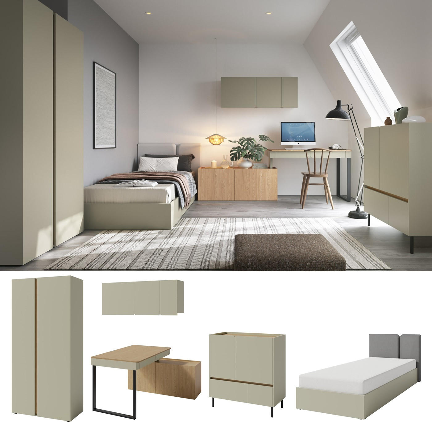 JUGENDZIMMER Laris Set A mit Bett 90 x 200 - Eukalyptus / Eiche Baltic Dune - Eukalyptusholzfarben/Eichefarben, Holzwerkstoff/Metall (90/50/195cm) - QMM TraumMöbel