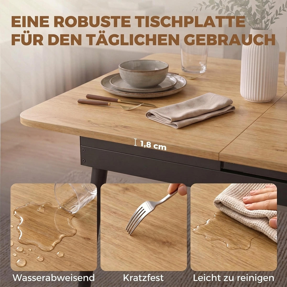 AUSZIEHBARER-ESSTISCH MDF Metall Eiche - Eichefarben/Schwarz, Holzwerkstoff/Metall (160/85/75cm) - HOMCOM