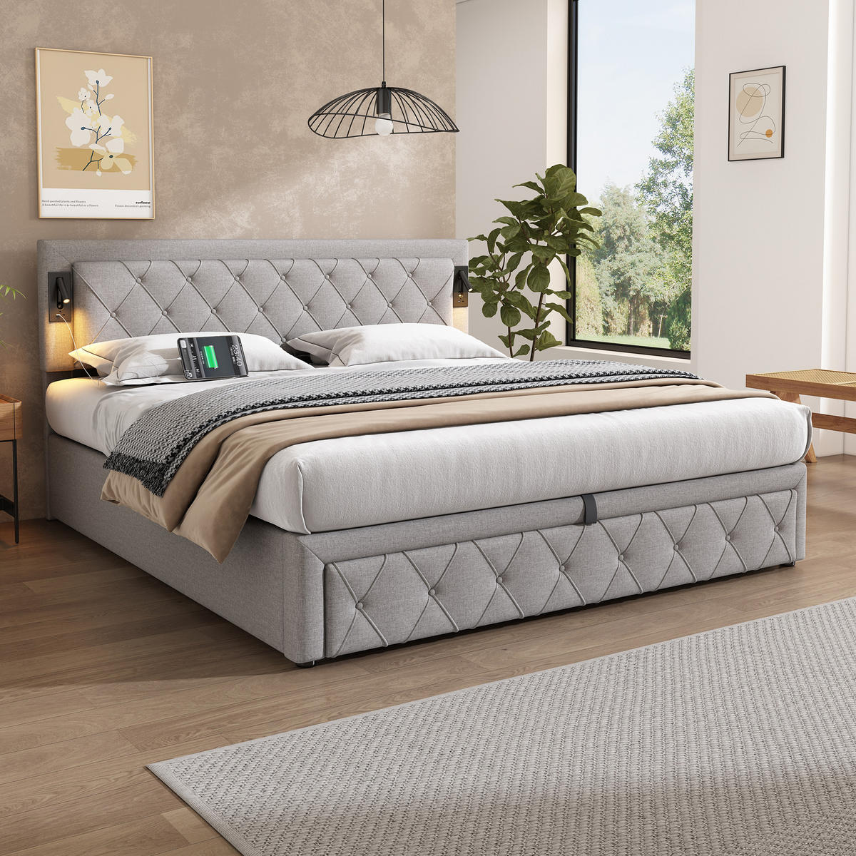 POLSTERBETT 180/200 cm Grau mit Downlight und USB-Schnittstelle - Grau, Textil (180/200cm) - Oxeza