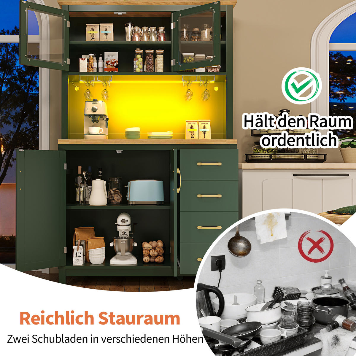 KÜCHENSCHRANK LED 105.5x40x180Cm 4 Türen Grün - Grün, Holzwerkstoff (105.5/180/40cm) - FLIEKS