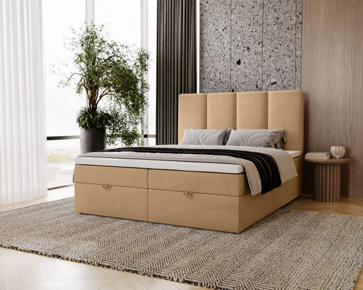 BOXBETT Malmo mit 2 Bettkästen, 160x200, Beige, Velourstoff, Doppelbett mit Bonell-Matratze und Topper - Beige, Holz/Kunststoff (160/200cm) - Marpur
