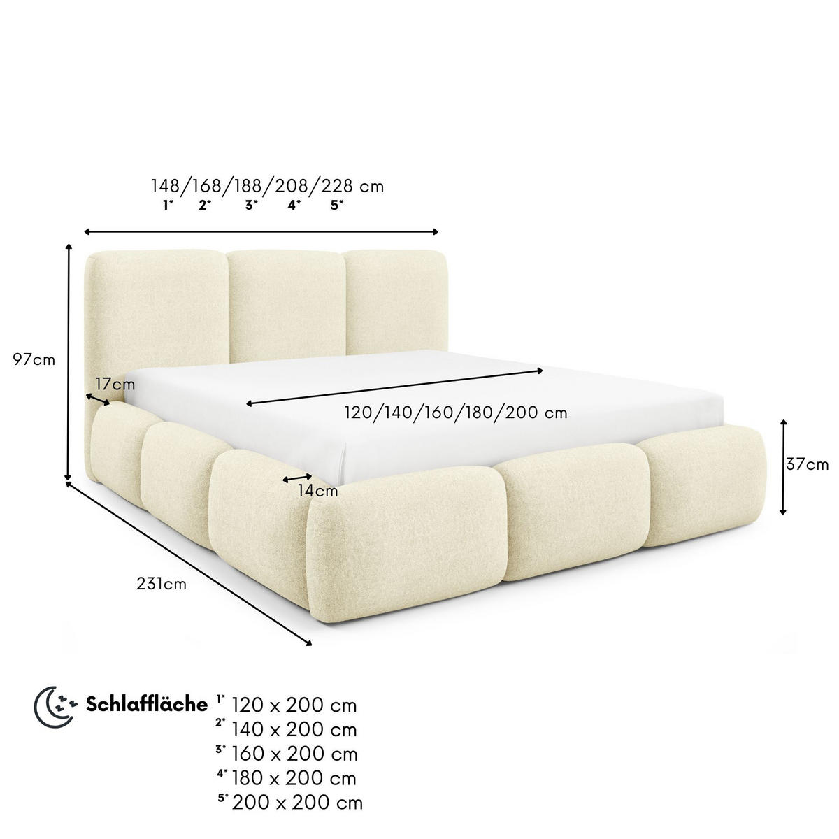 POLSTERBETT BOVA 180x200 cm mit Bettkasten,Lattenrost,Doppelbett,Boxspringbett-Optik-Creme - Creme, Holz (180/200cm) - Furnistar