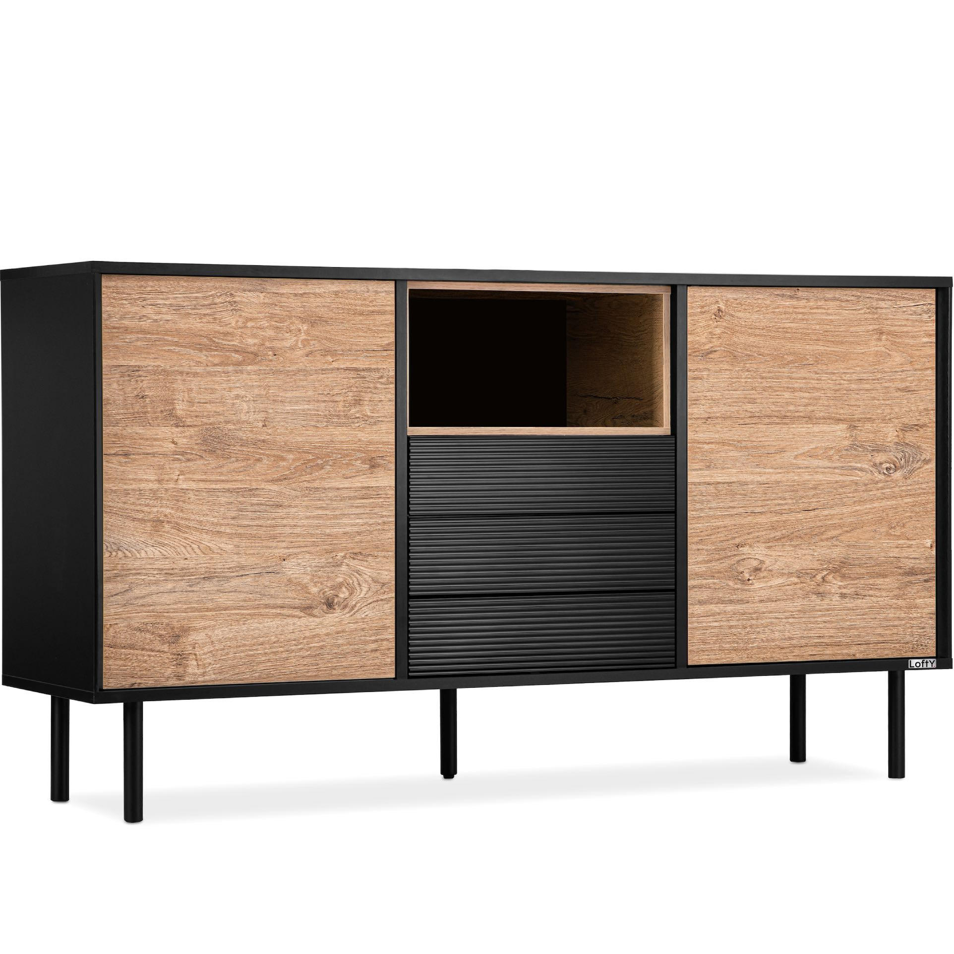 KOMMODE LOFTY Außenseiteneinlage, schwarz / Eiche natur - Eichefarben/Multicolor, Holzwerkstoff (151/84/41cm) - KONSIMO®