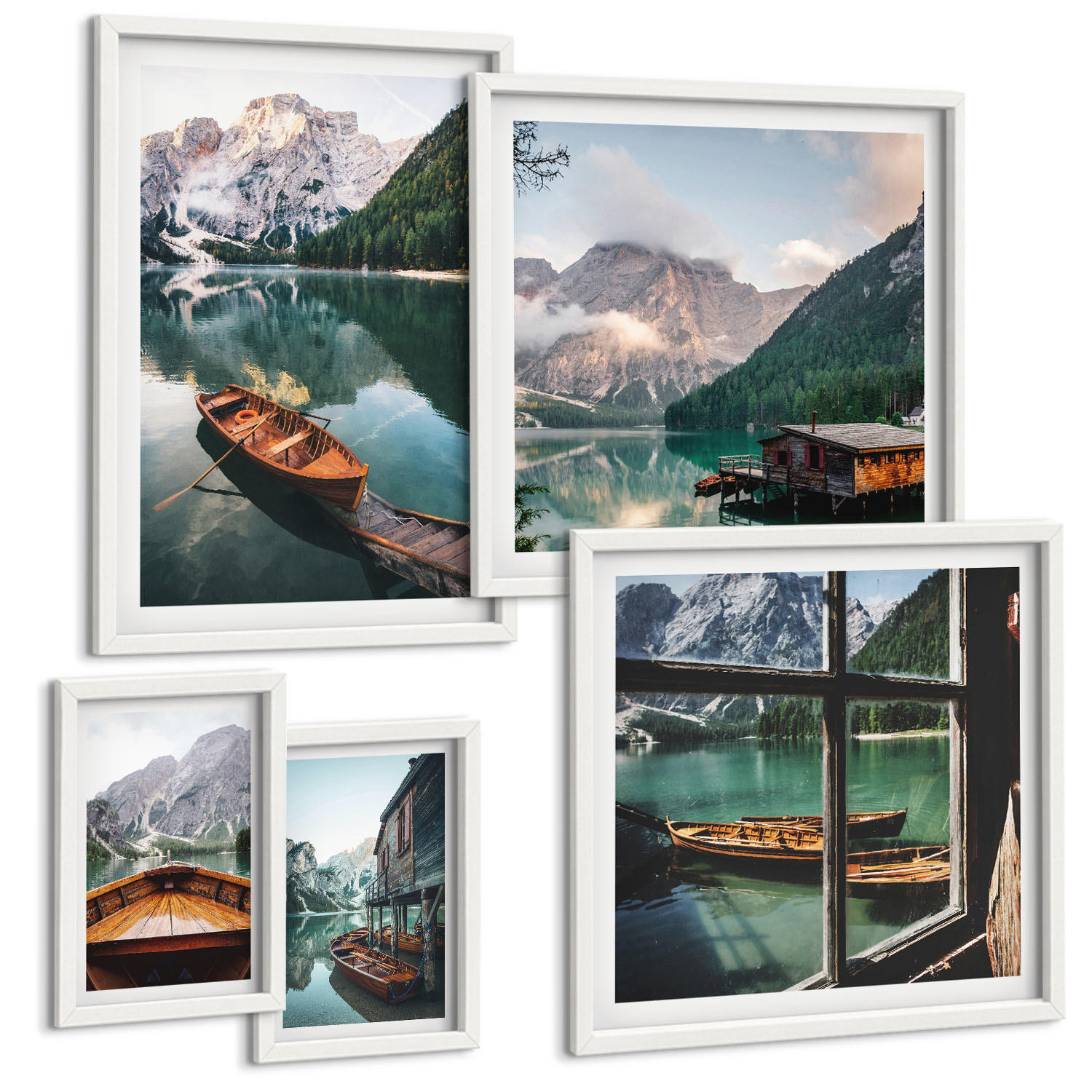 BILDER SET 5er Set - 50x50 cm & 20x30 cm & 40x60 cm Weißer Rahmen - See, Berge, Boote, Hütte, Fenster - Weiß, Kunststoff (40/60cm) - TULUP