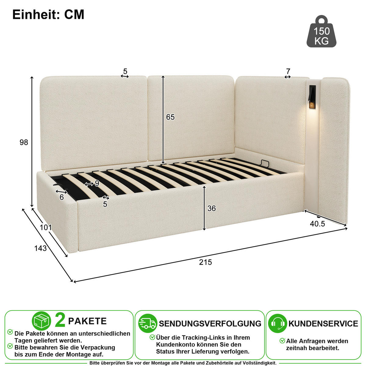 POLSTERBETT 90/200 cm in Beige Bouclé mit Bettkasten, USB, Type-C und Leselampe - Beige, Holzwerkstoff/Textil (90/200cm) - CHICFURN