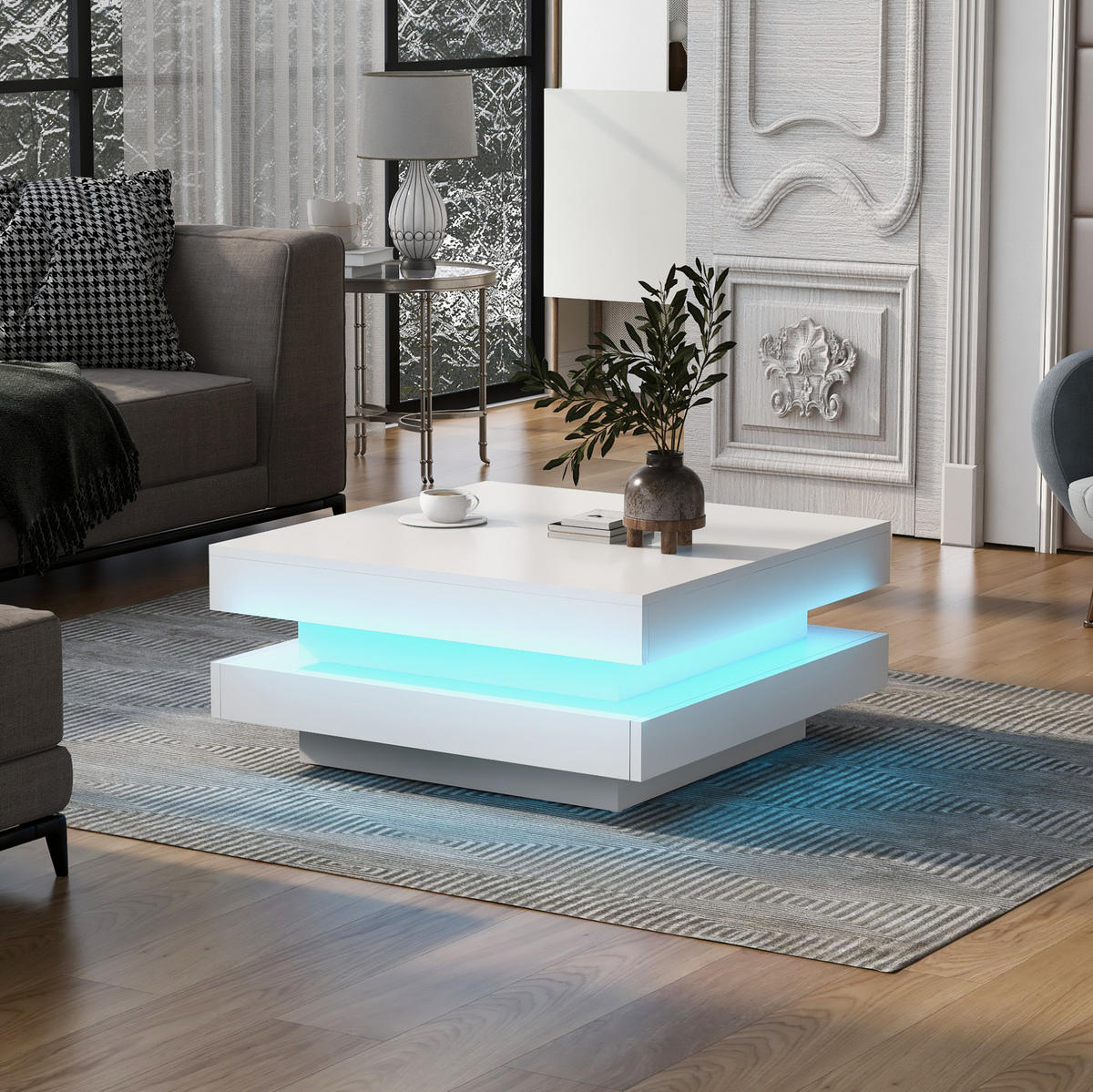 COUCHTISCH aus Holzwerkstoff 70x70x36 cm Weiß mit Bluetooth-LED-Beleuchtung und USB-Stromversorgung - Weiß, Holzwerkstoff (70/70/36cm) - Modfu