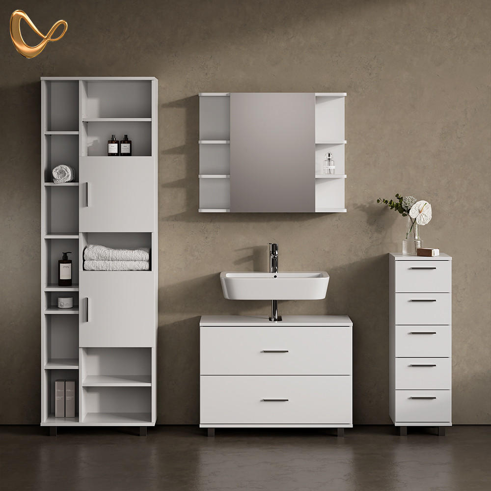 BADMÖBEL-SET Eisak Weiß 4 Teile, mit Hochschrank - Weiß, Holzwerkstoff (80/60/33cm) - Livinity®