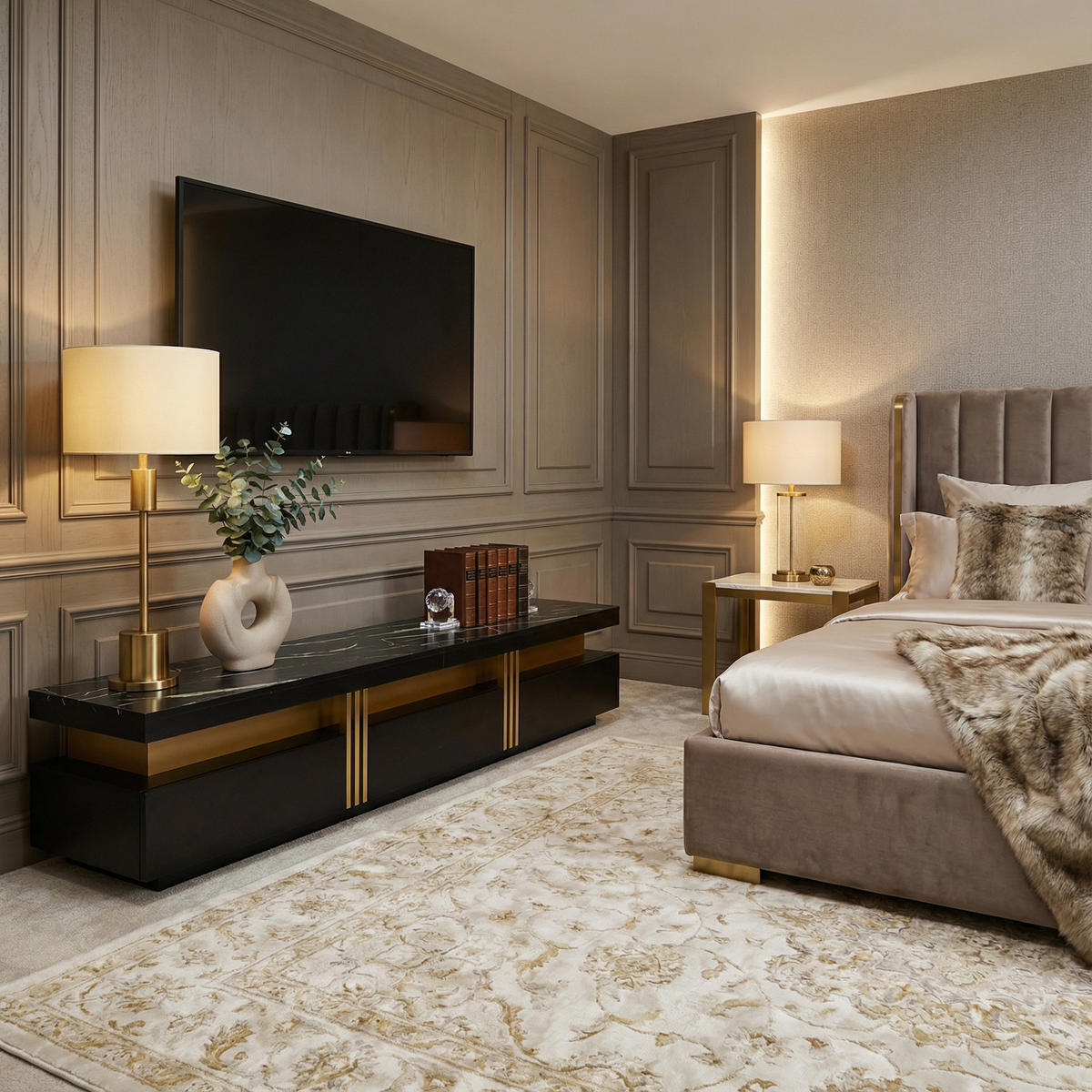 LOWBOARD mit Marmoroptik und Goldakzenten, 120/40/42 cm - Schwarz, Holzwerkstoff (40/42/200cm) - Urban Meuble