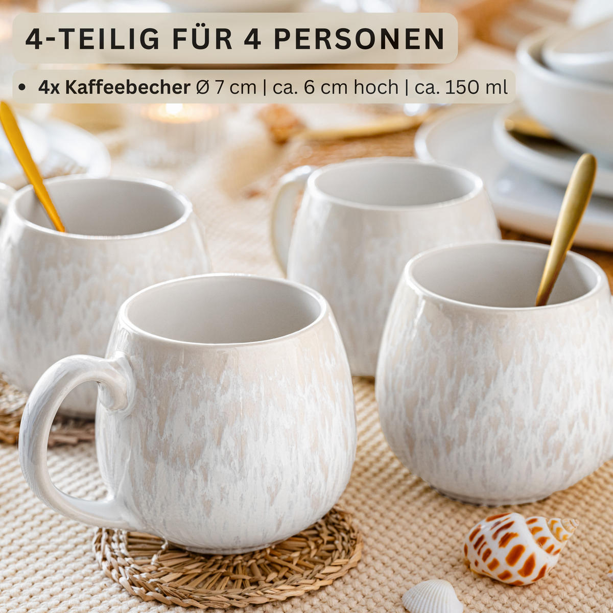SÄNGER Kaffeebecher Set Korfu 4 teilig - Creme, Stein (6/7.5/6cm) - Sänger