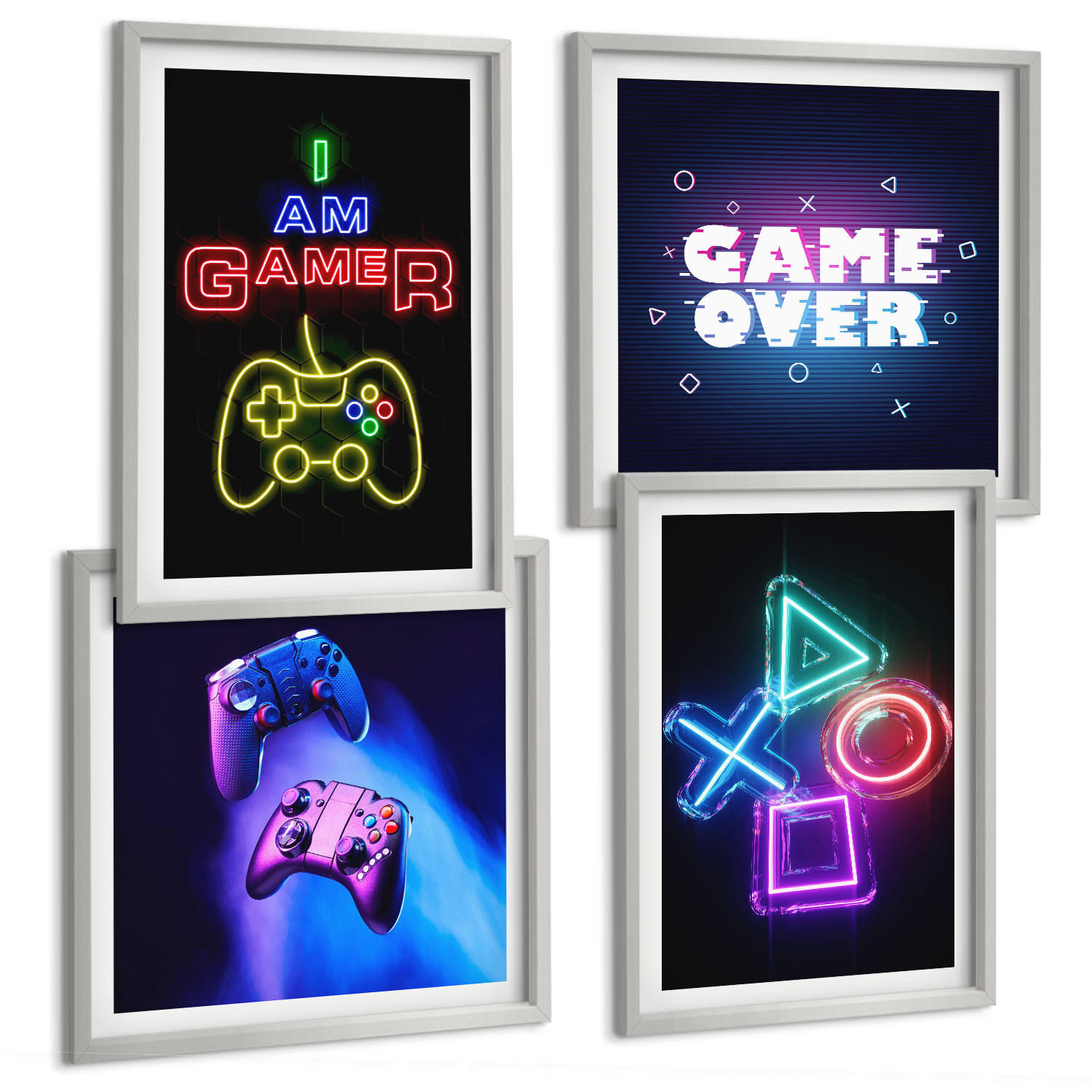 BILDER SET 4er Set - 50x50 cm & 40x60 cm Silberner Rahmen - Gamepads, Spielersymbol-Untertitel - Silberfarben, Kunststoff (50/50cm) - TULUP