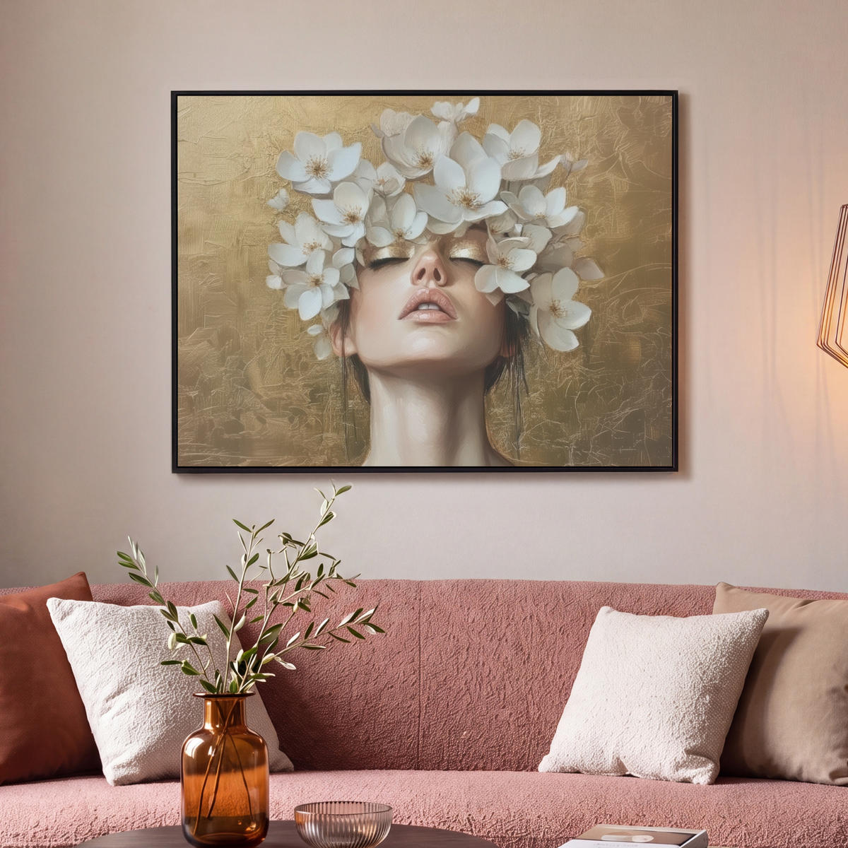 LEINWAND Bilder mit Rahmen - Gesicht - Blumen - Gold - Abstrakt - 100x70 - Goldfarben, Textil (100/70cm) - MuchoWow