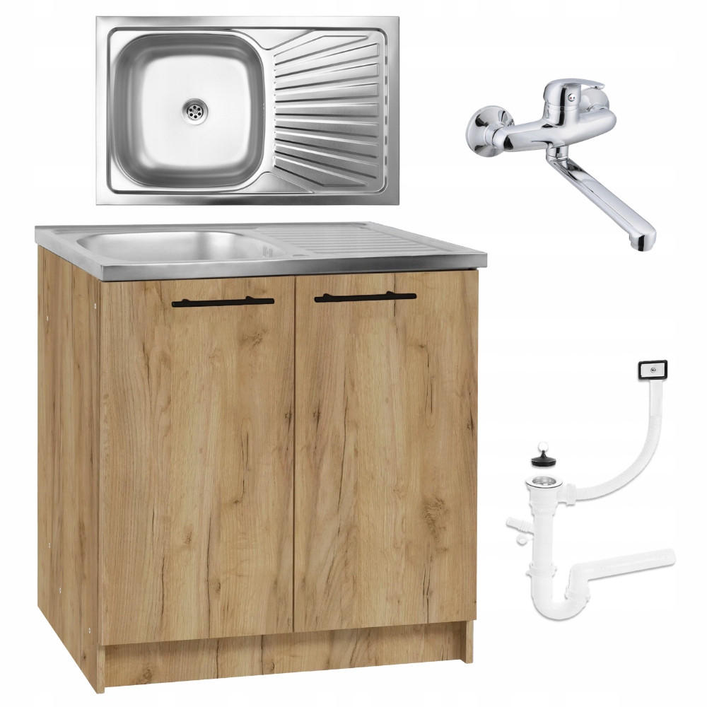 SPÜLUNTERSCHRANK 80cm mit Spüle + Armatur + Siphon Eichenfarbe - Eichefarben, Holzwerkstoff (80/82/46cm) - Stamar