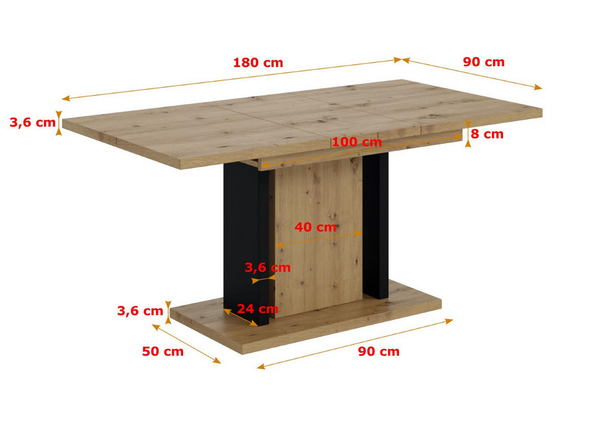 ESSTISCH ausziehbar 140 -180x90x75 cm - Artisan Eiche Optik/Schwarz - ODD - Eichefarben, Holzwerkstoff (120/90/75cm) - ALTDECOR
