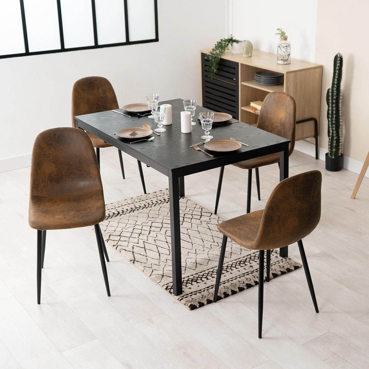 ESSTISCH-SET mit ausziehbarem Tisch und 4 Stühlen in Wildlederoptik, Schwarz - Multicolor, Textil (43/102/35cm) - Meubles Cosy