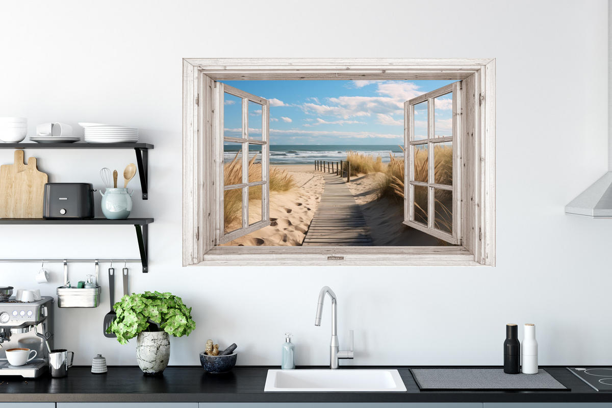 WANDTATTOO Fenster - Meer - Küste - Natur - Ausblick - Strand - Wattenmeer 120x80 cm - Beige, Kunststoff (120/80/0.1cm) - MuchoWow