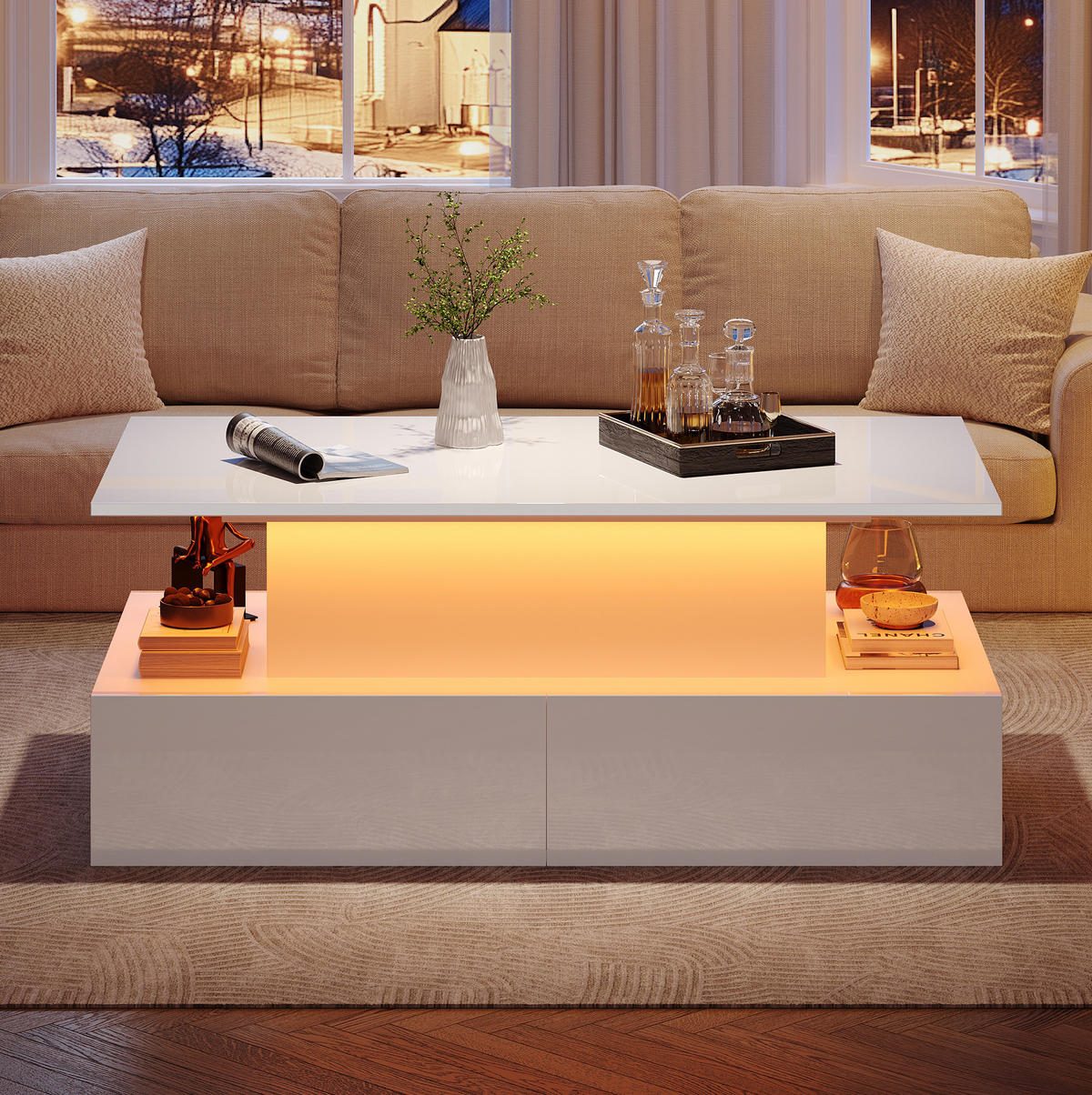 COUCHTISCH 90/55/41 cm Weiß aus Spanplatte mit LED-Beleuchtung und Stauraum - Weiß, Holzwerkstoff (90/55/41cm) - OKMYHOME