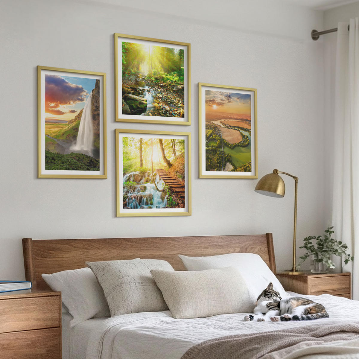 WANDBILDER 4er Set - 50x50 cm & 40x60 cm Goldrahmen - Orange Mountain Wasserfall - Goldfarben, Kunststoff (50/50cm) - ArtPrintCave