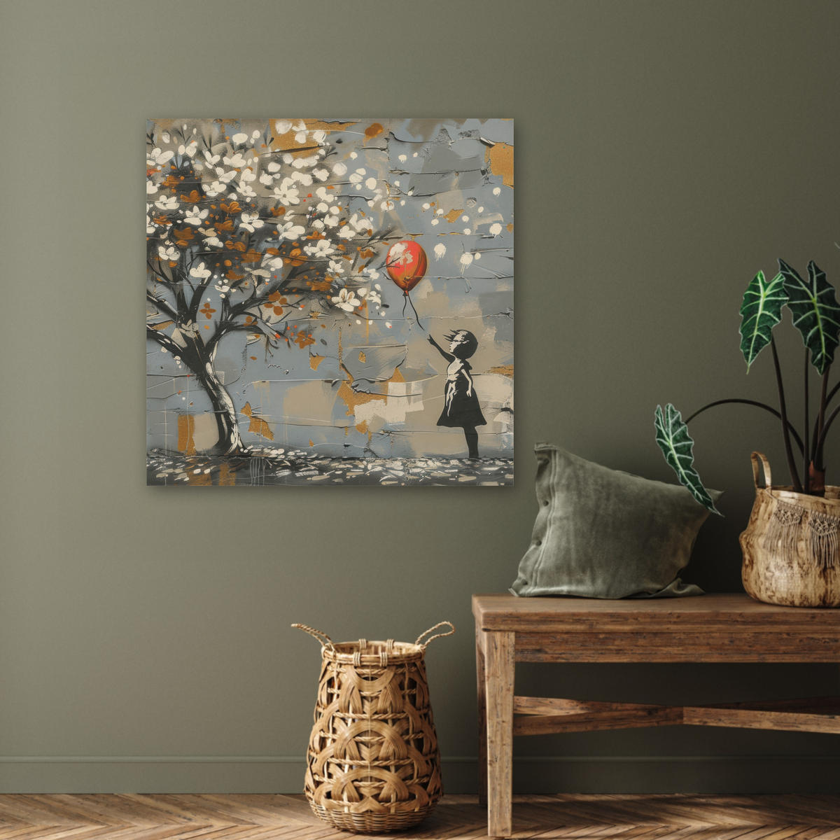 AKUSTIKBILD Baum - Graffiti - Banksy-Stil - Ballon-Mädchen Akustikpaneele 80x80 cm - Blaugrau, Kunststoff (80/80/0.9cm) - MuchoWow