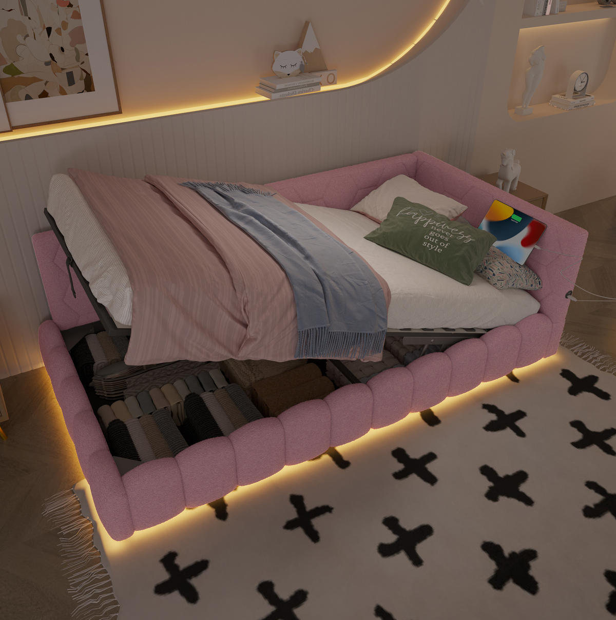 POLSTERBETT 90/200 cm Rosa aus Vliesimitat mit Stauraum - Rosa, Textil (90/200cm) - OKMYHOME