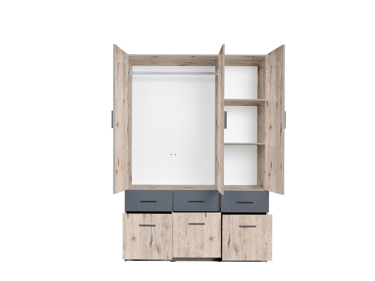 KLEIDERSCHRANK SOLENA 04 - 136×197,6×53,6 cm 3 Türen & 6 Schubladen Wellington Eiche - Eichefarben, Holz/Holzwerkstoff (136/197.6/53.6cm) - Milaros Markt