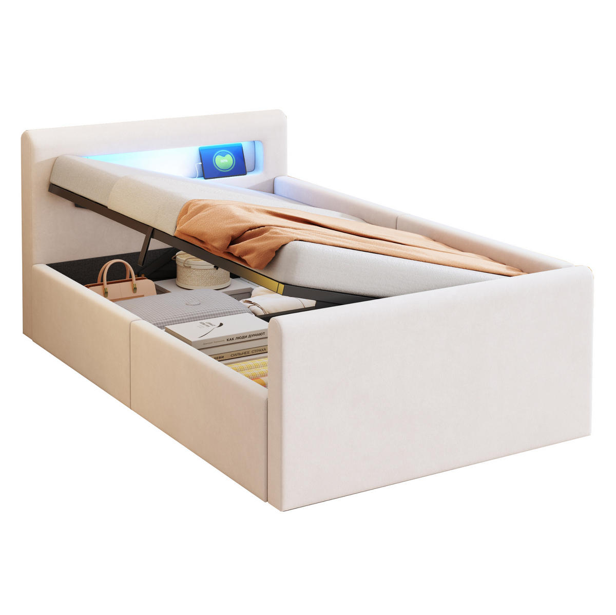 KINDERBETT 90/200 cm aus Samtstoff mit LED-Kopfteil und hydraulischem Stauraum Beige - Beige, Textil (90/200cm) - Modenvie