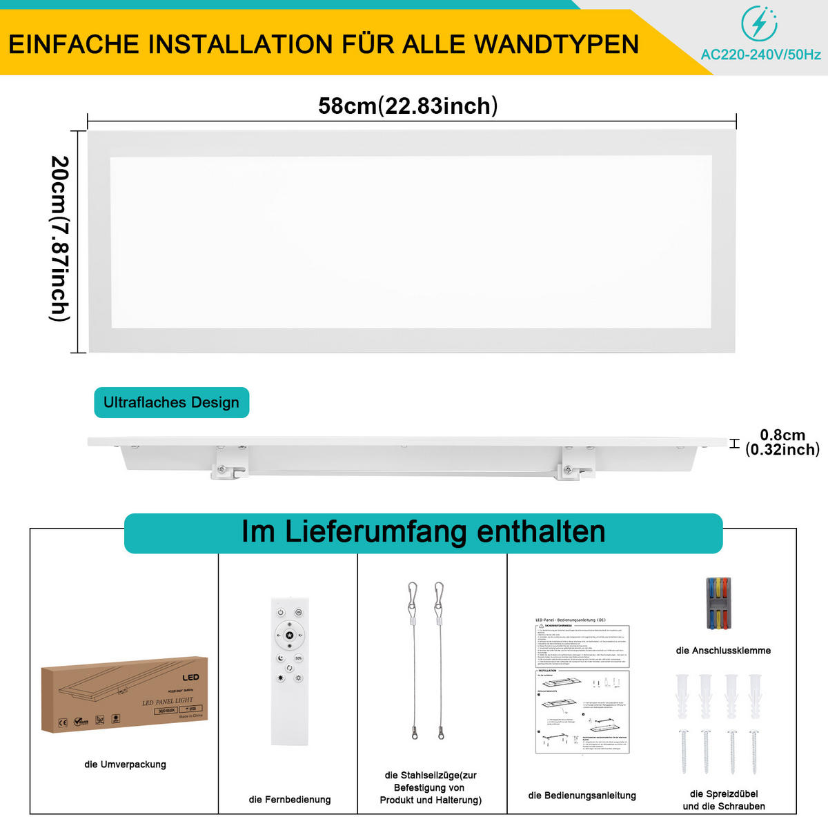 DECKENLEUCHTE PA1071EW 24W LED Dimmbar 3000K bis 6500K 58/20/3.9 CM 2er-Set - Weiß, Metall (58/20/3.9cm) - LOVHAUS