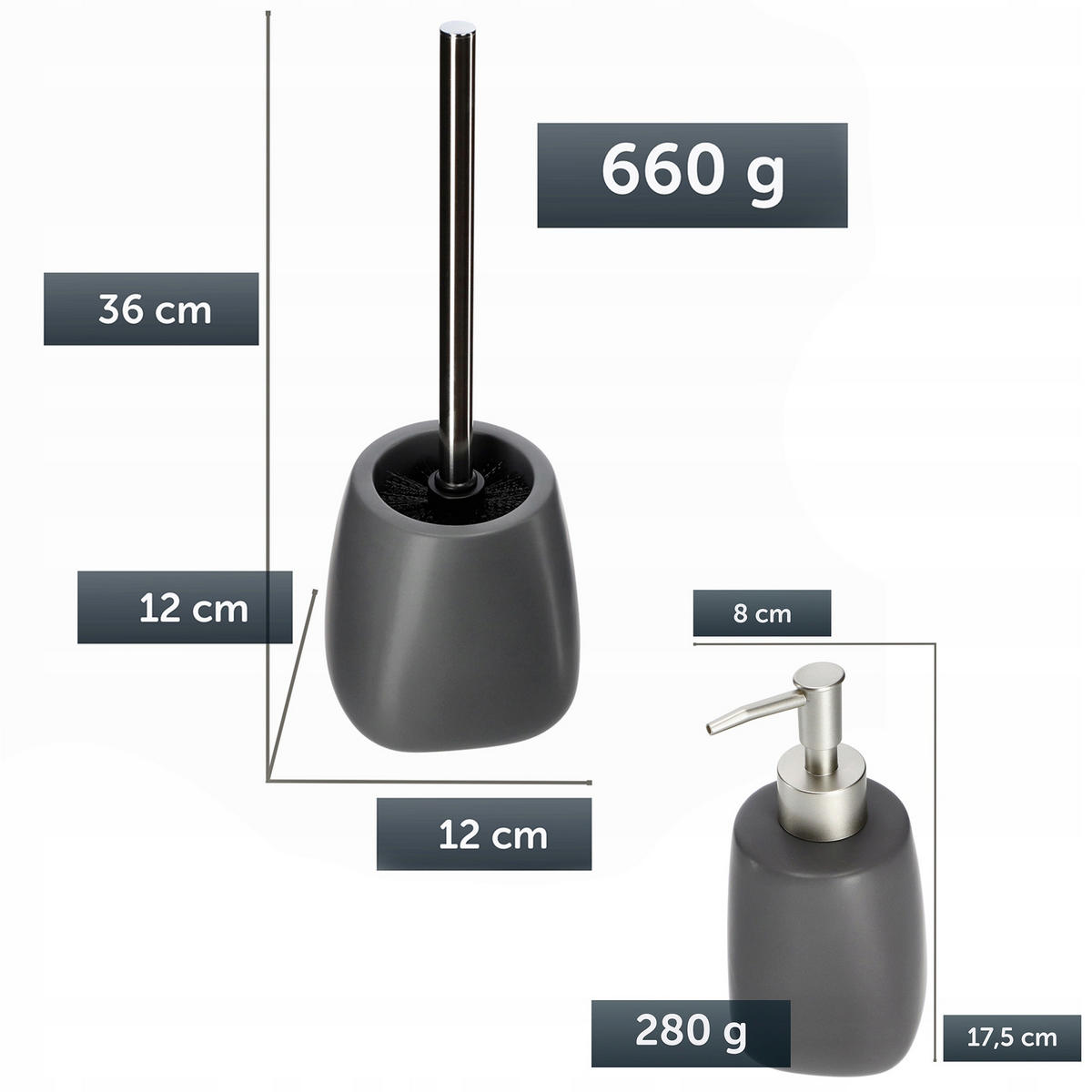 BADEZIMMERSET SEIFENSPENDER + WC-Bürstengarnitur, grau - Grau, Keramik/Kunststoff (12/36cm) - KADAX