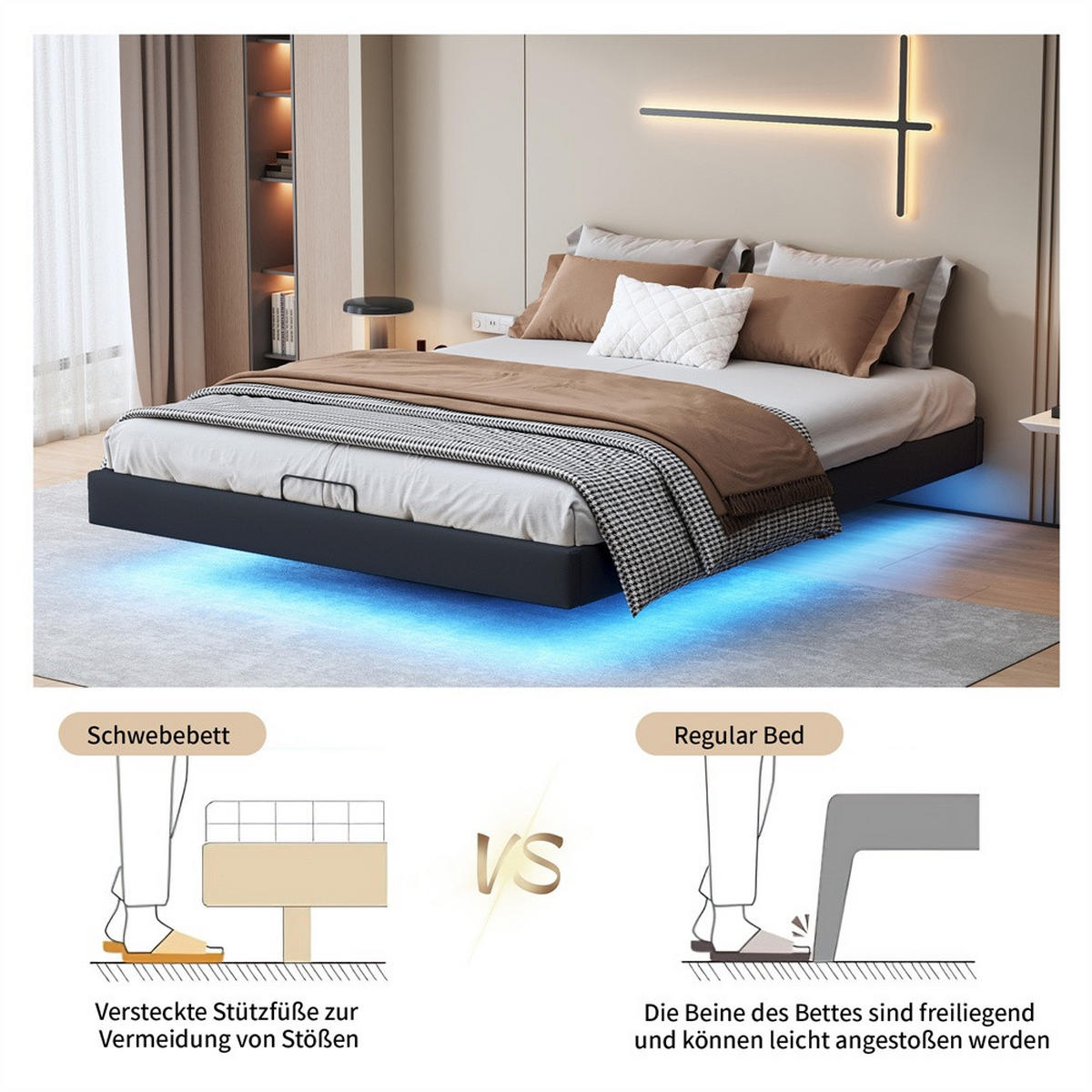 POLSTERBETT 160 x 200 cm ohne Kopfteil mit LED-Beleuchtung & hydraulischem Stauraum - PU-Leder - Schwarz - Schwarz, Textil (160/200cm) - DELFA