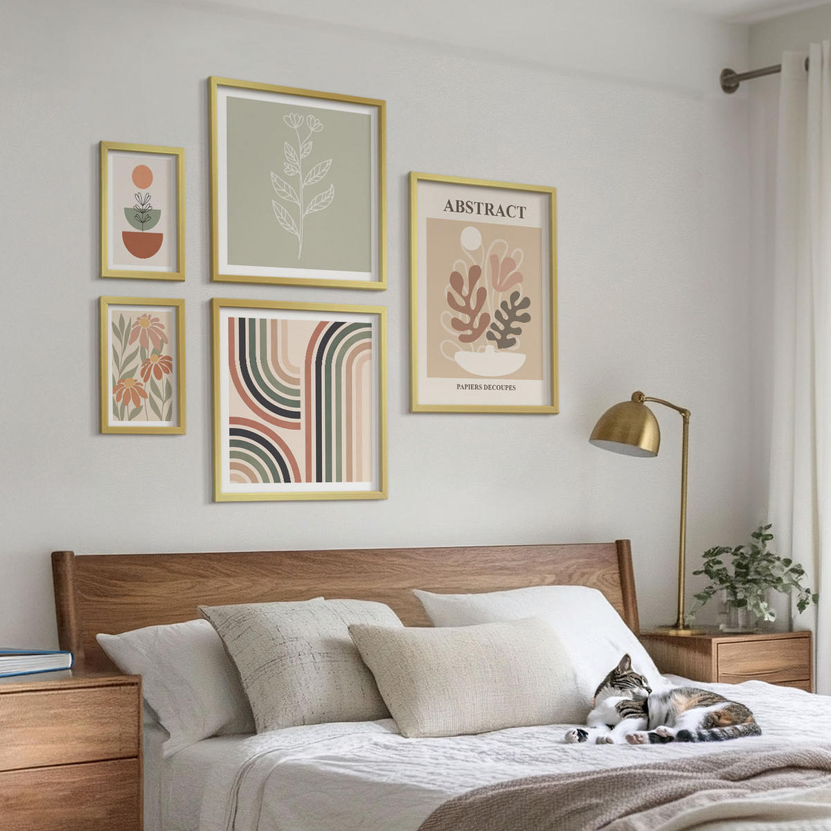 BILDER SET 5er Set - 50x50 cm & 20x30 cm & 40x60 cm Goldrahmen - Abstrakte Pastellpflanzen - Goldfarben, Kunststoff (40/60cm) - TULUP
