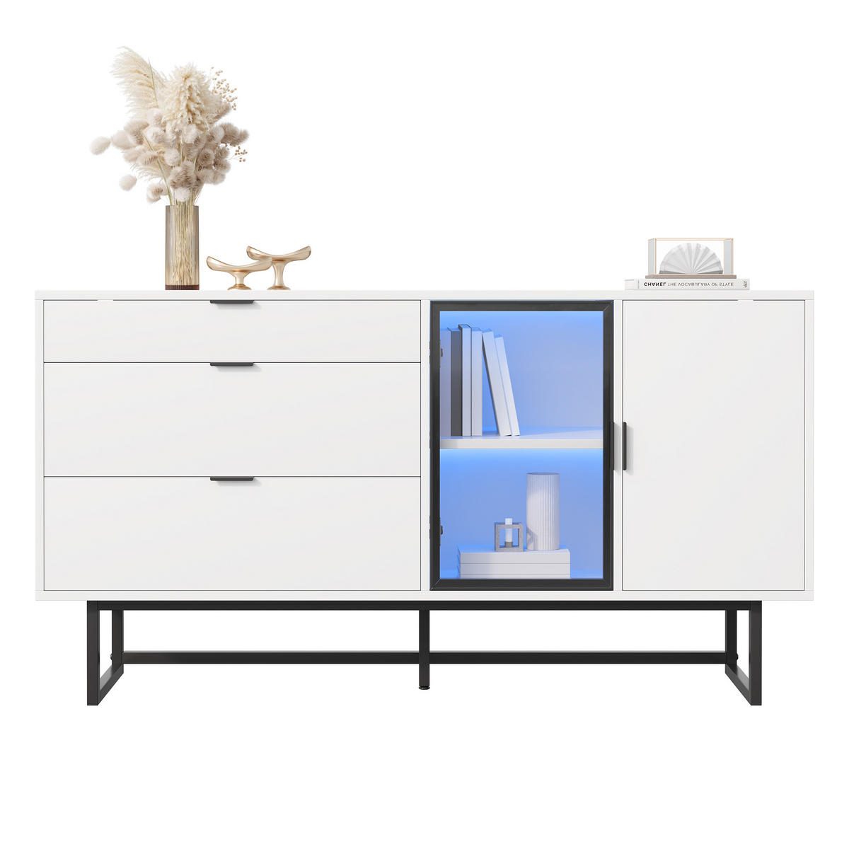 SIDEBOARD Weiß Glas Türen 3 Schubladen LED - Weiß, Holz (160/78/36cm) - LEBENLANG