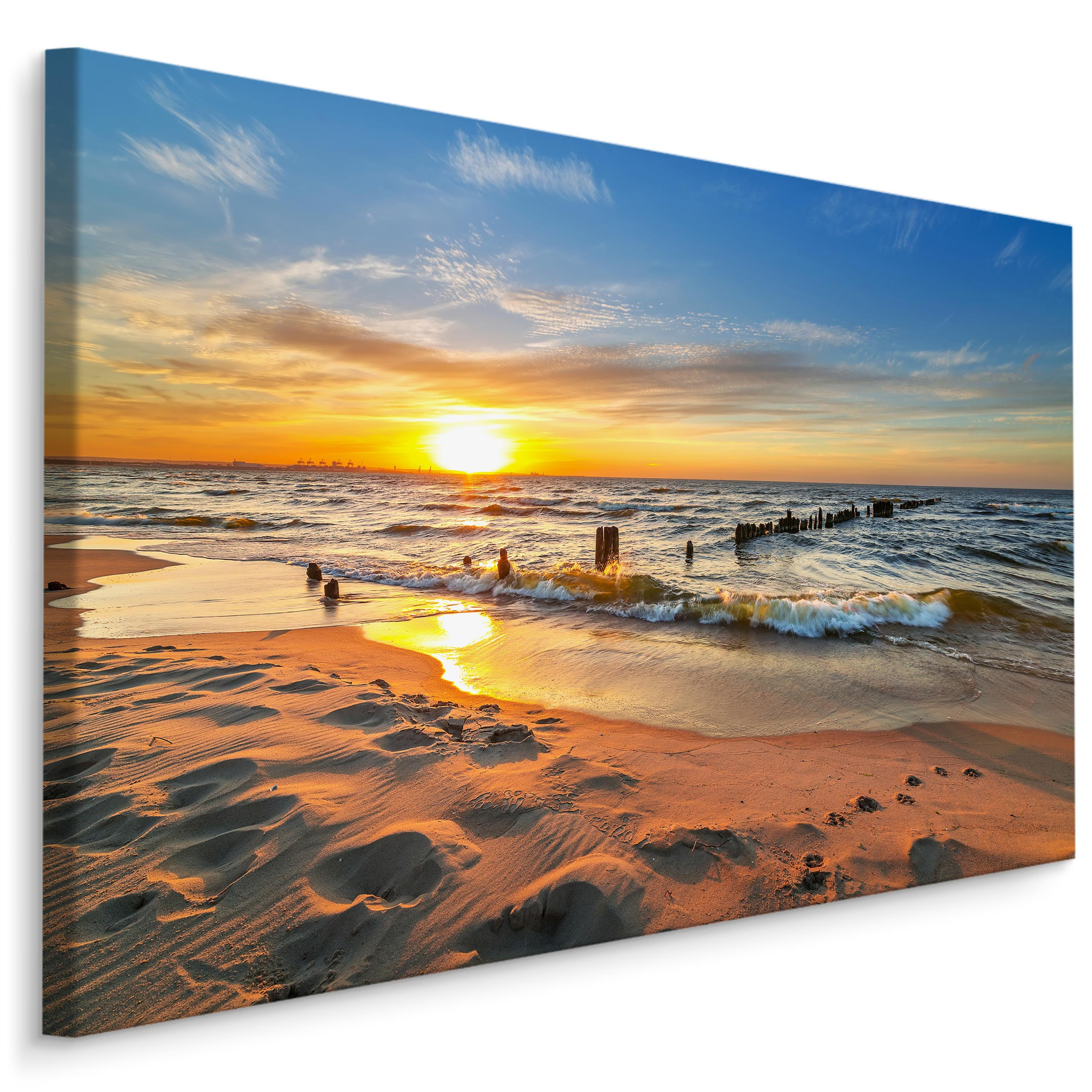 LEINWANDBILD Sonnenuntergang Strand Meer Landschaft 3D 120/80 cm - Blau/Beige, Textil (120/80cm) - Muralo