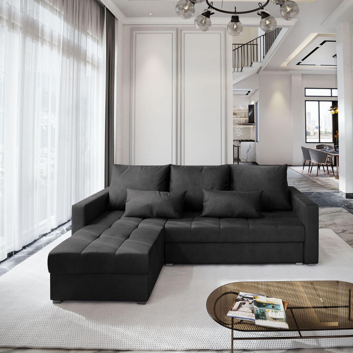ECKSOFA KOS PIK M Schwarz Velours-Stoff mit Schlaffunktion - Schwarz, Holz (220/140cm) - MASSENO