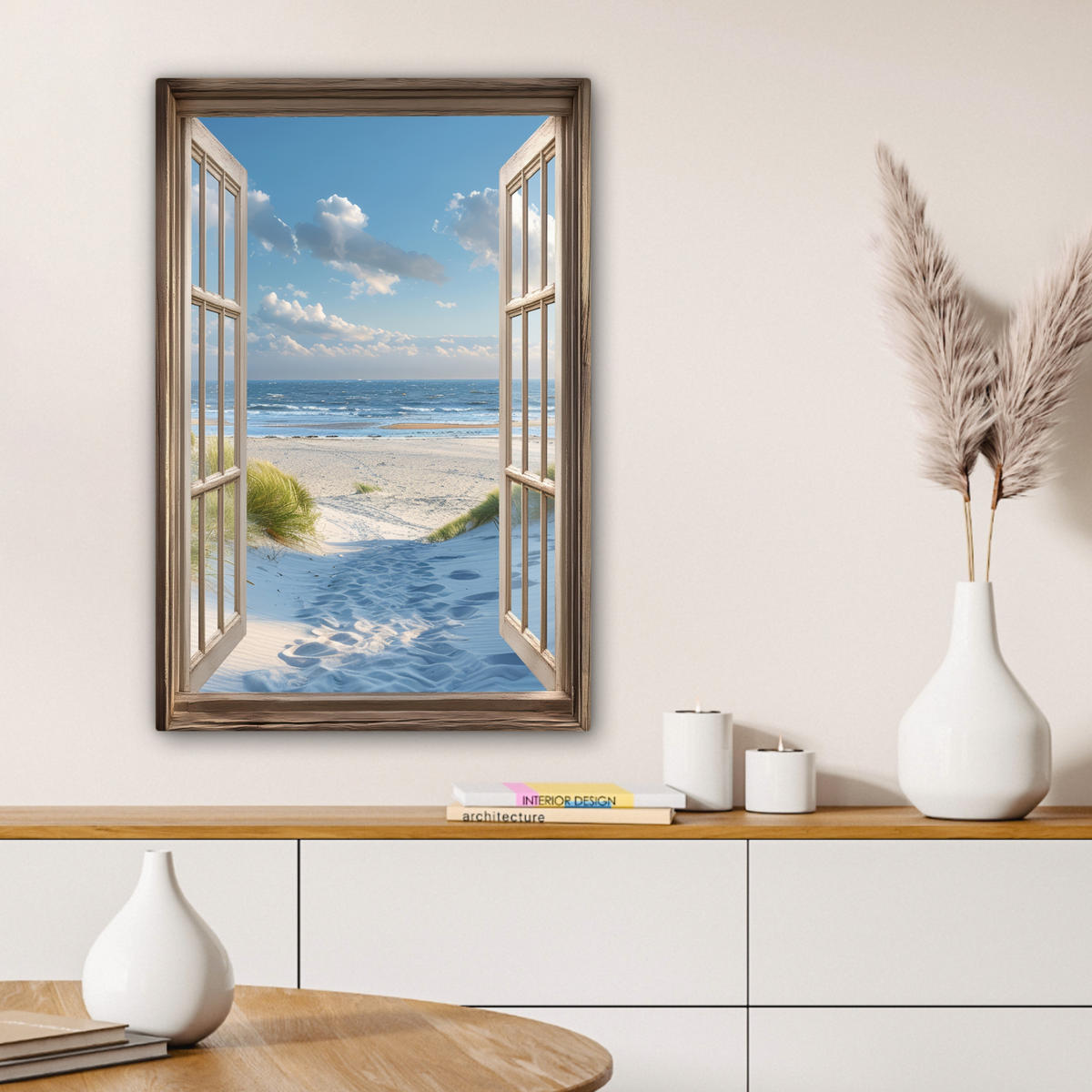 LEINWANDBILD Aussicht - Strand - Fenster - Dünen - Meer 60x90 cm - Hellblau, Textil (60/90cm) - MuchoWow