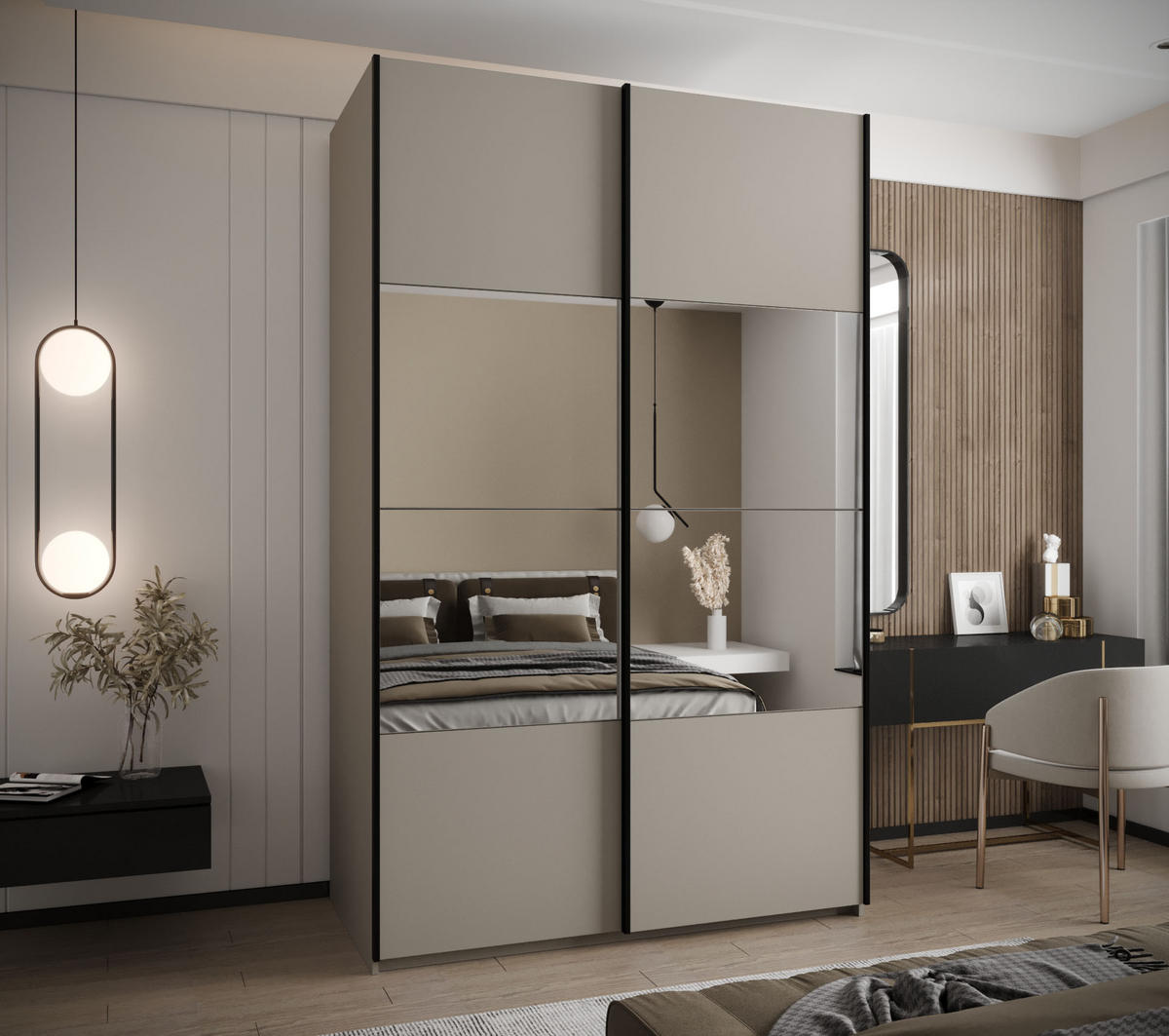 SCHWEBETÜRENSCHRANK 245,5/150/64 2-türig - Kaschmir/Schwarz, Holz/Metall (150/245/64cm) - Abiks Möbel