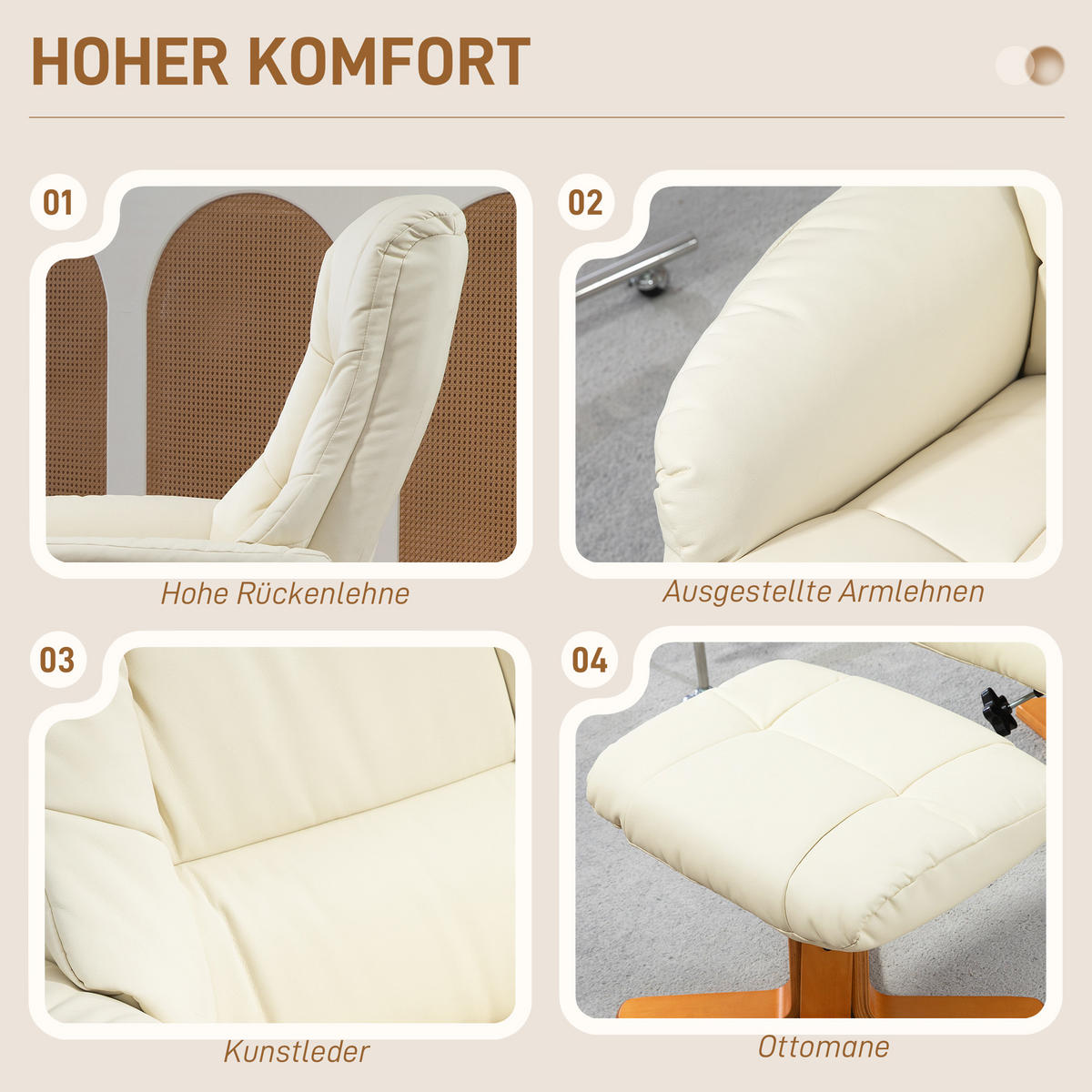 RELAXSESSEL mit Hocker, Fernsehsessel mit Liegefunktion, Wippfunktion, Schwarz - Creme/Weiß, Holz/Kunststoff (84/102/71cm) - HOMCOM
