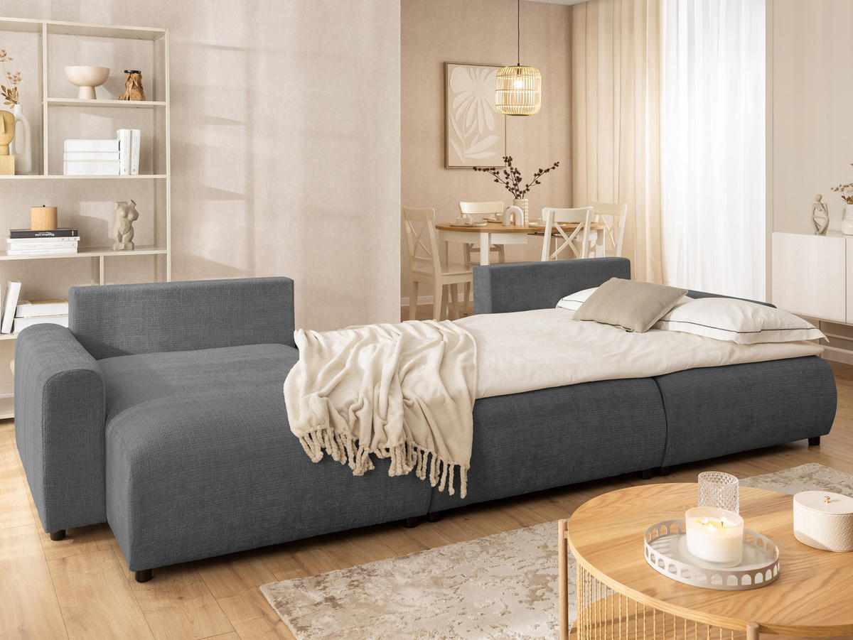 WOHNLANDSCHAFT Calma mit Schlaffunktion und Bettkasten im Bumpy-Design aus weichem Grau Chenille-Stoff - Schwarz/Grau, Holz/Kunststoff (336/88/140cm) - S-Style Möbel