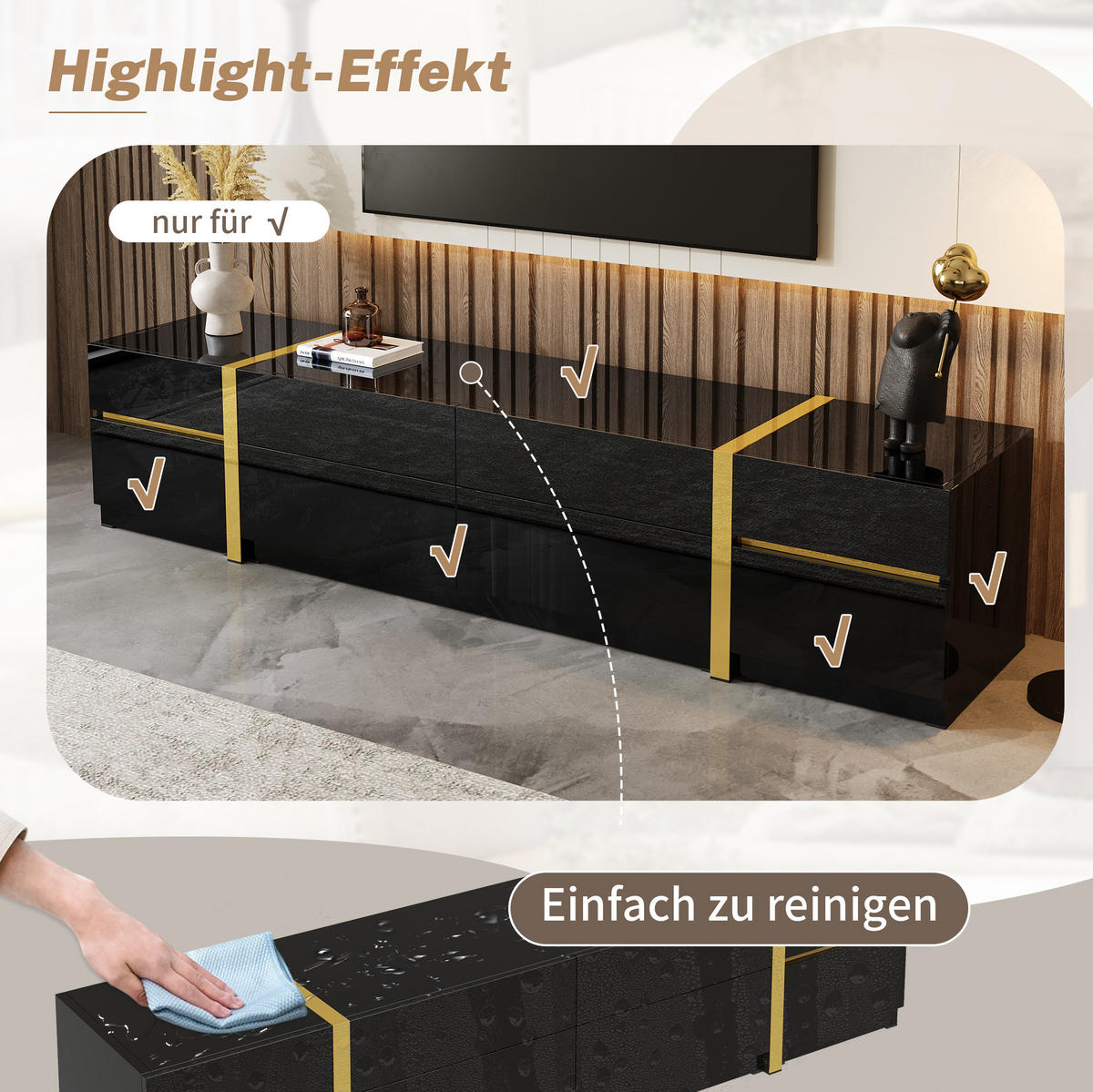 TV-LOWBOARD 180/40/38 cm mit 4 Schubladen und 2 Türen in Schwarz - Schwarz, Holzwerkstoff (180/38/40cm) - BEAOK