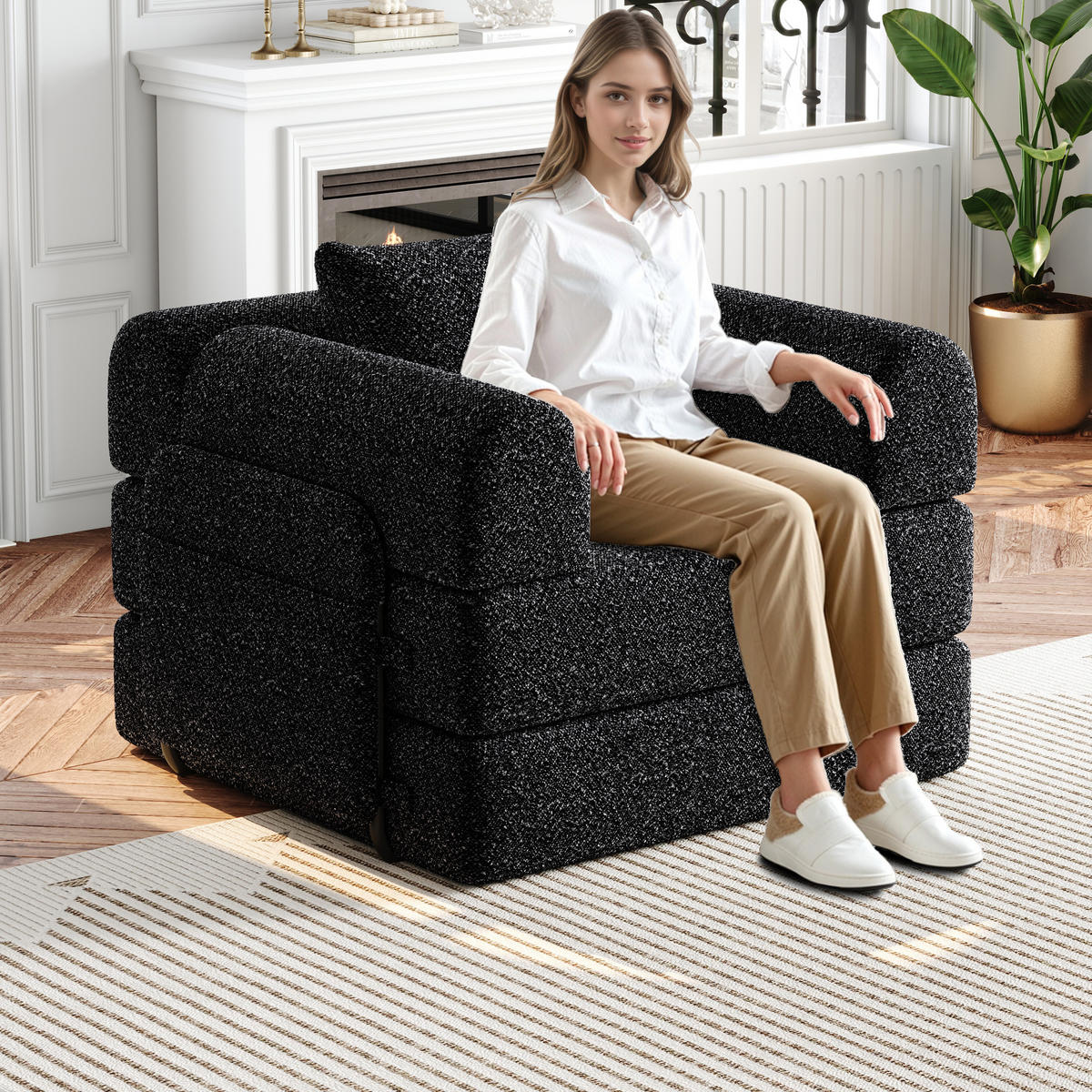 SCHLAFSOFA 2-in-1 mit Armlehnen-Ablagefach Chenille Schwarz 200/90/85 cm - Schwarz, Textil (181.6/49.5/94cm) - OKWISH